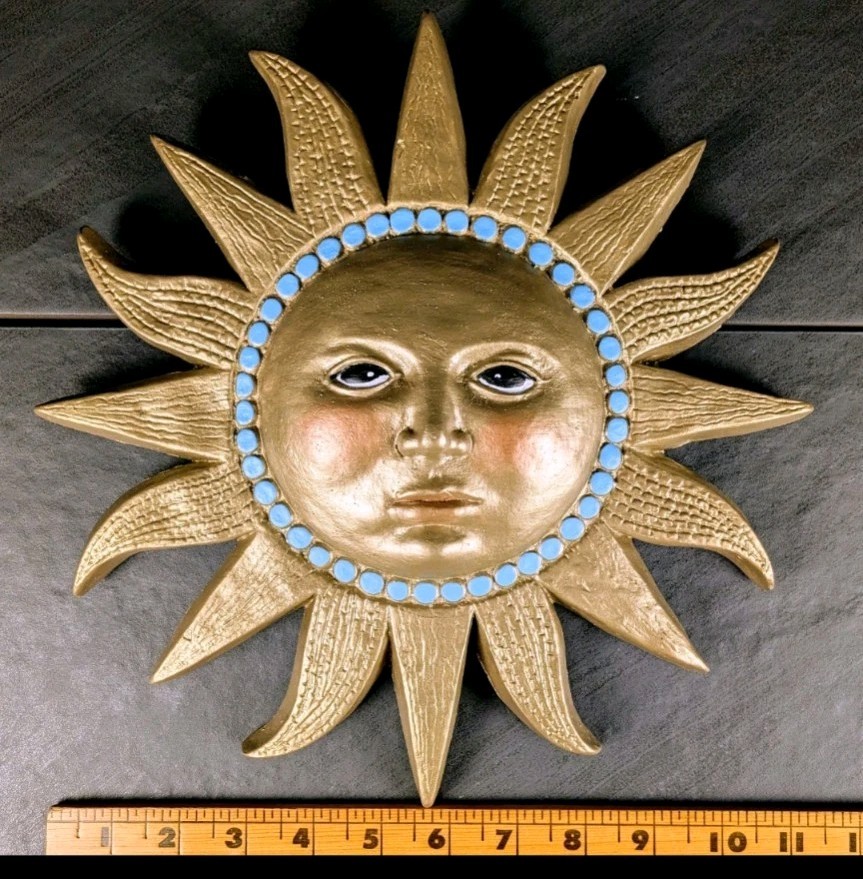 Gold Celestial Chalkware Sun Face Turquoise Dots Wall Decor 11″ Boho Plaster
