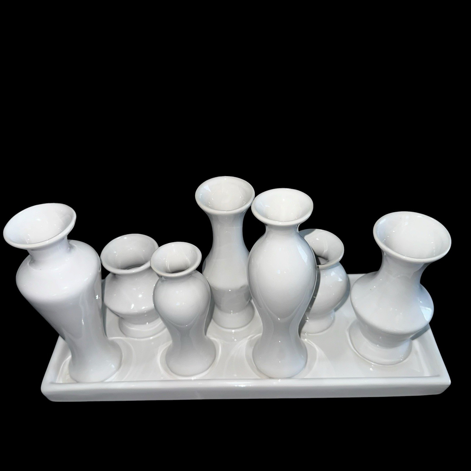 7 Bud Vases Attached Together On The Base, Ceramic Unique Art Deco White