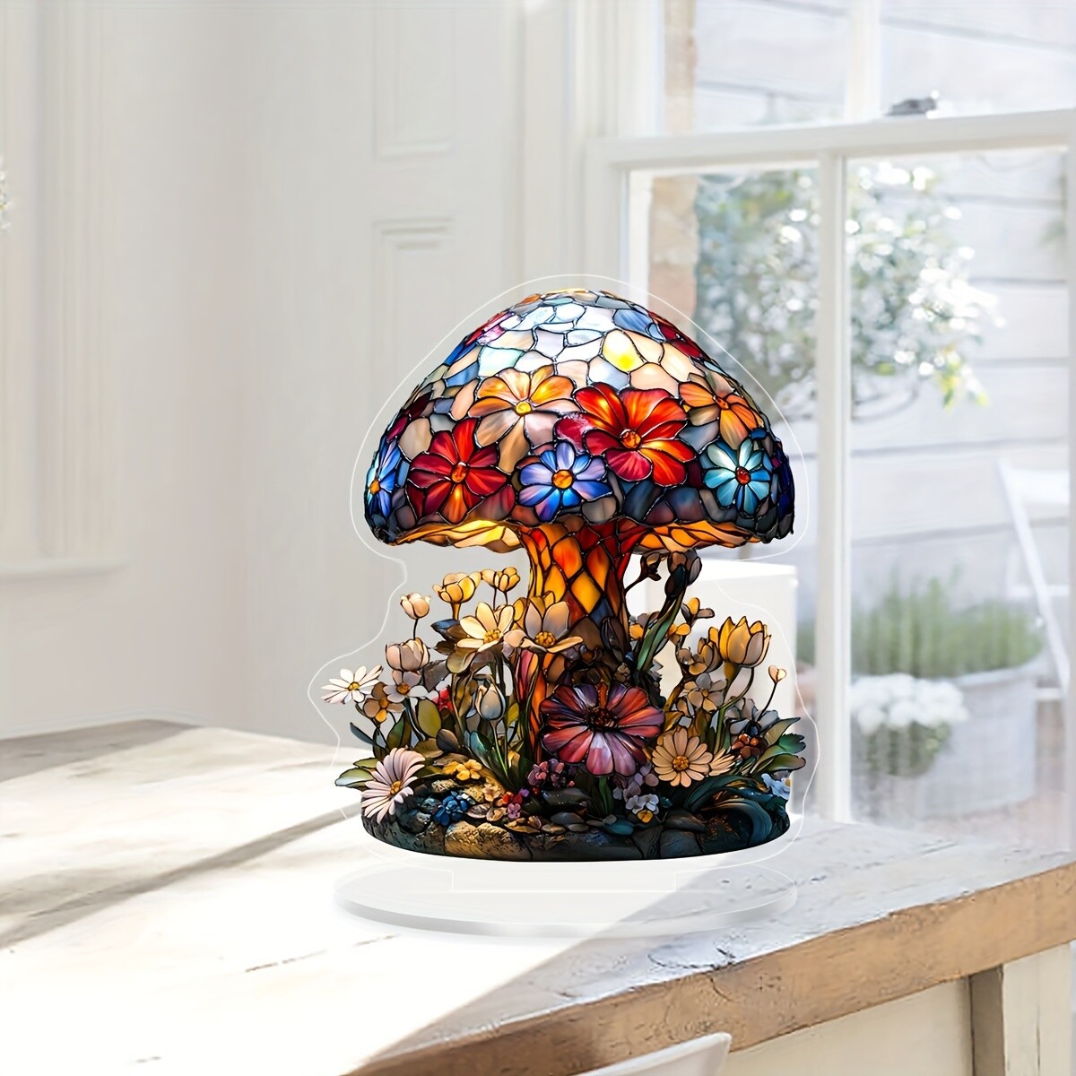 A decorative bohemian table lamp table decoration adorned with colourful flowers