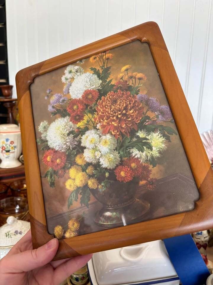 Vintage Floral Still Life Print in Mid-Century Wood Frame Cottagecore Home Décor