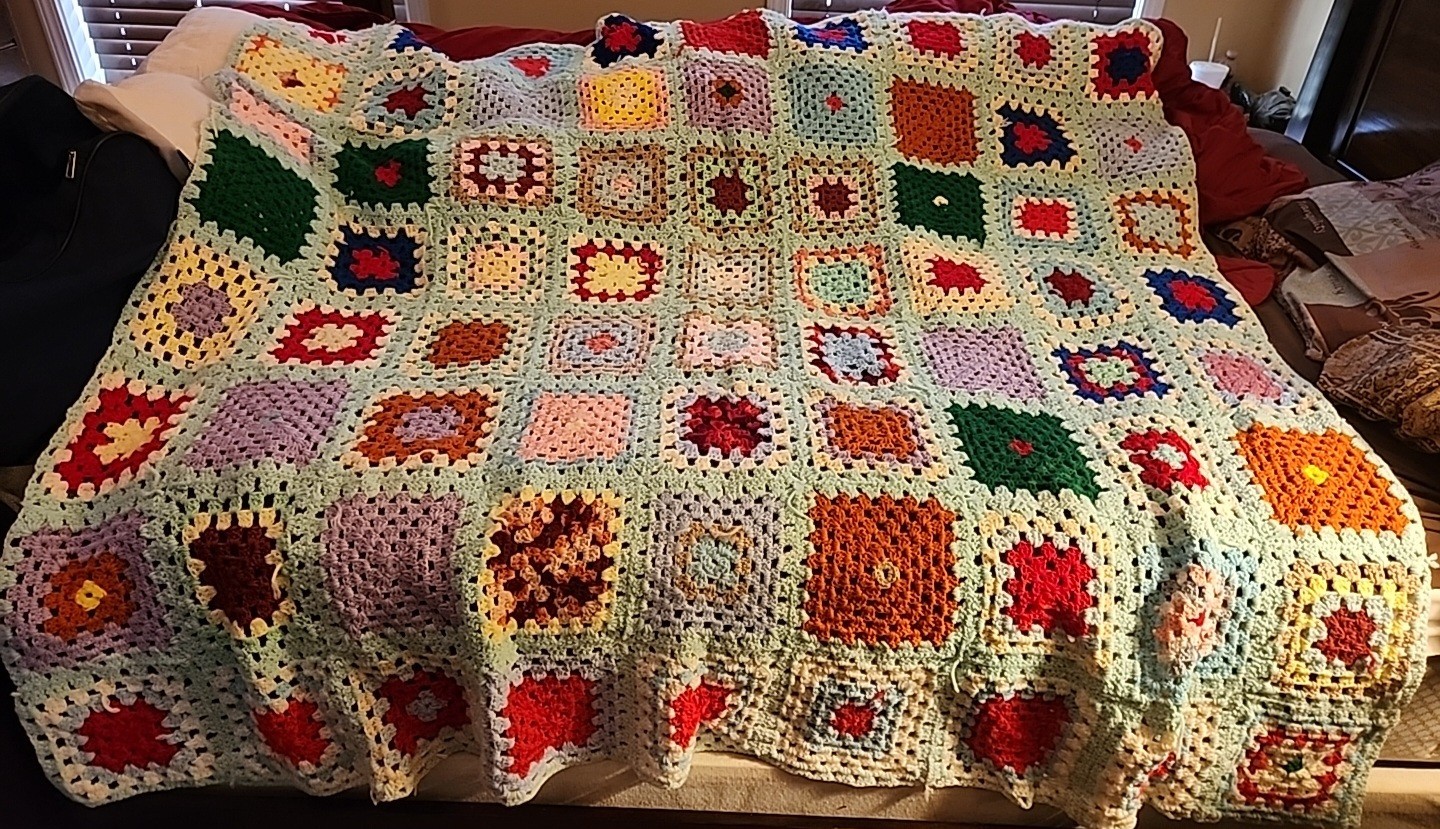 VTG Handcrafted Crochet Granny Square Afghan Blanket Throw 66x 60 colorful
