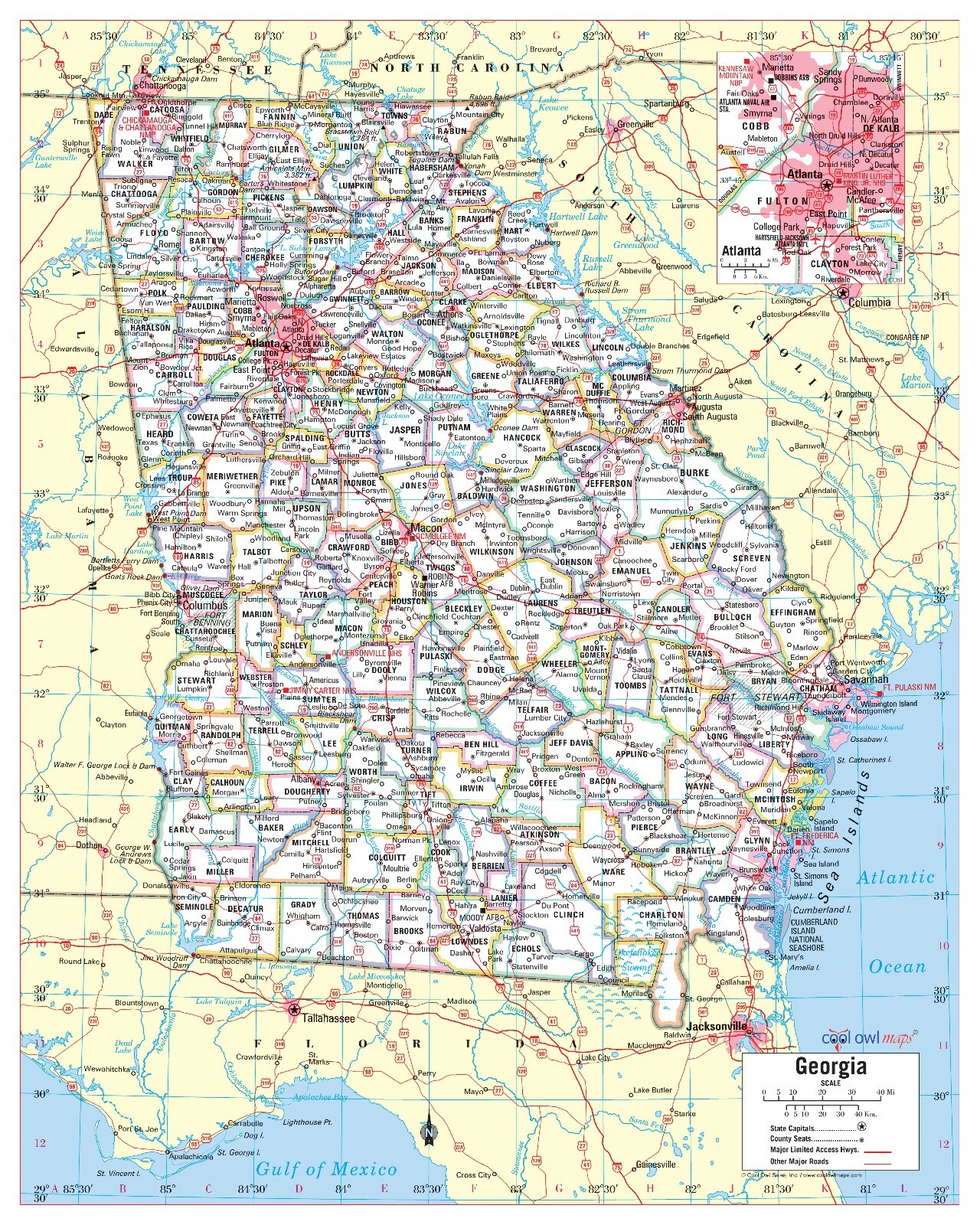 Georgia State Wall Map Large Print Poster – 24″Wx30″H