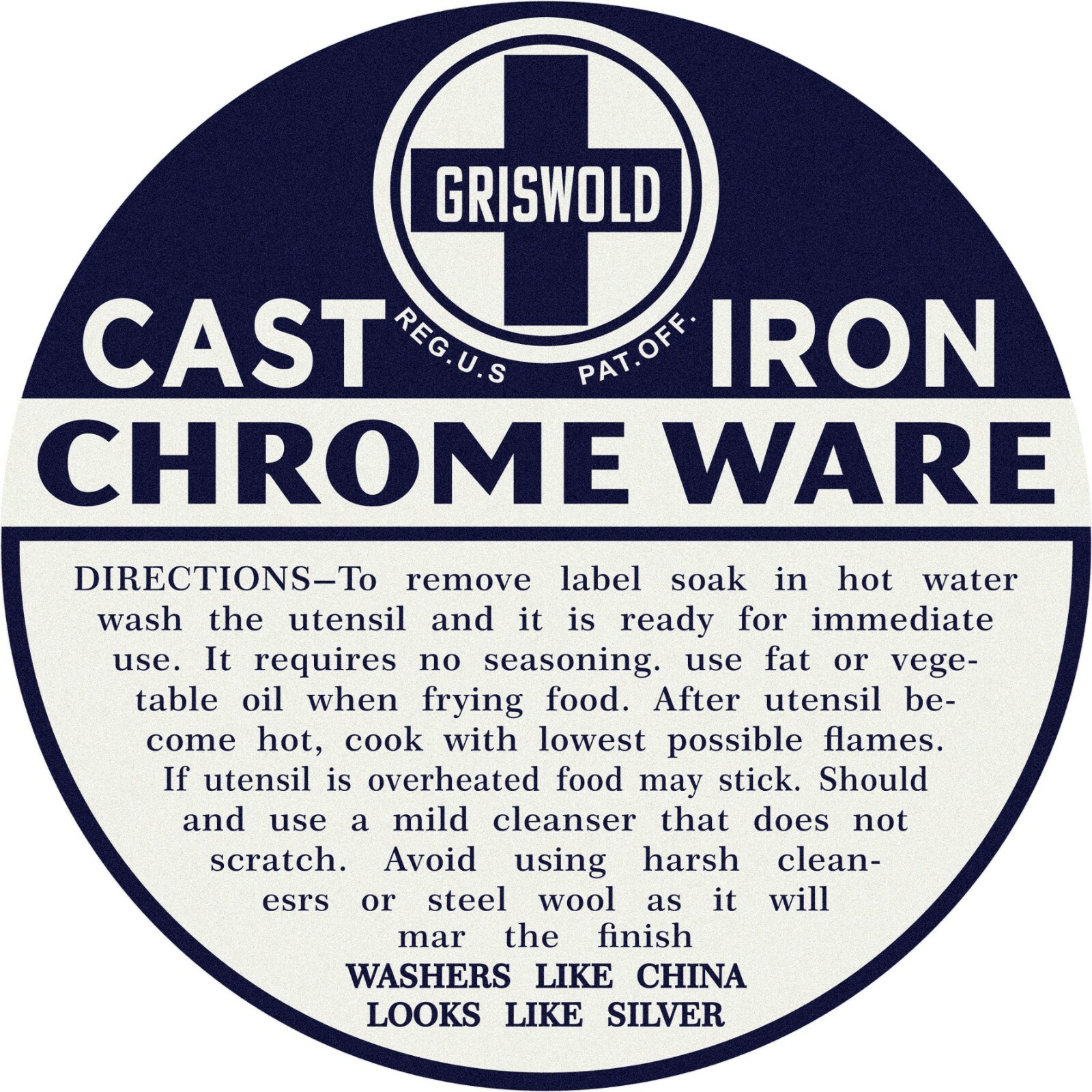 Griswold Cast Iron Chrome Ware 11.75″ Round Metal Sign