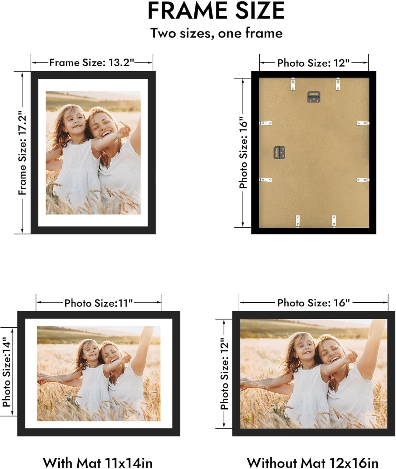 12X16 Picture Frame with Glass, Display Picture 11X14 with Mat or 12X16 without