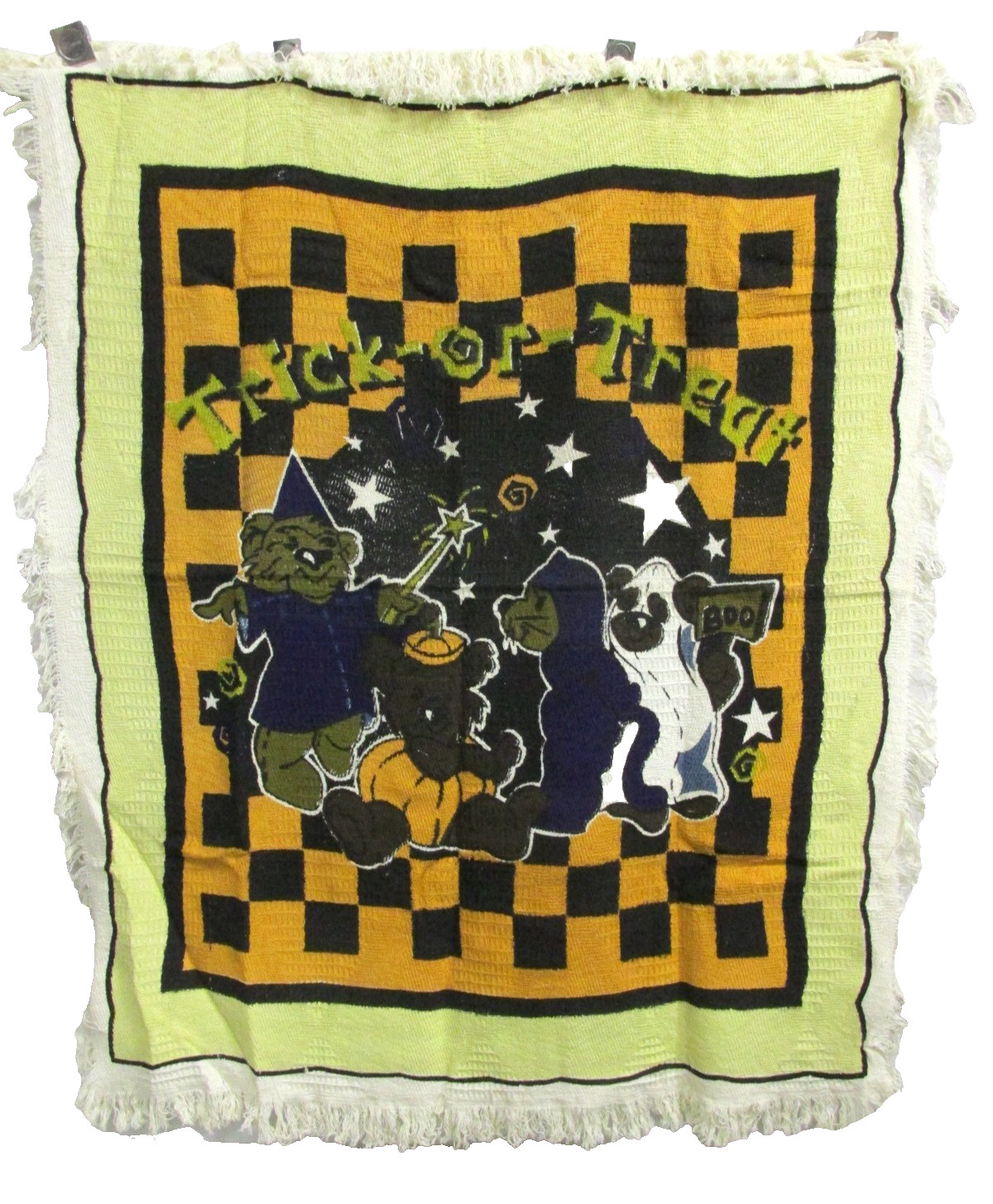 Vtg Halloween Woven Painted Screen Printed Throw Blanket Trick or Treat 46×56″