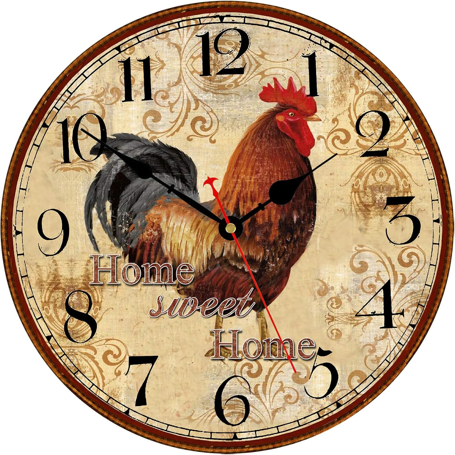 Farmhouse Rooster Wall Clock Battery Operated Silent Arabic Numerals Clock, Coun