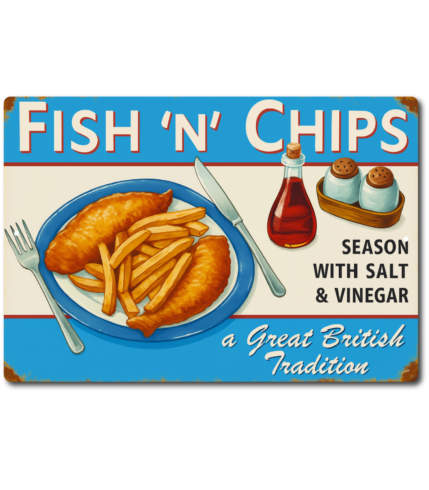 Fish and Chips Metal Tin Sign 8×12 Retro Vintage British Pub Kitchen Wall Decor