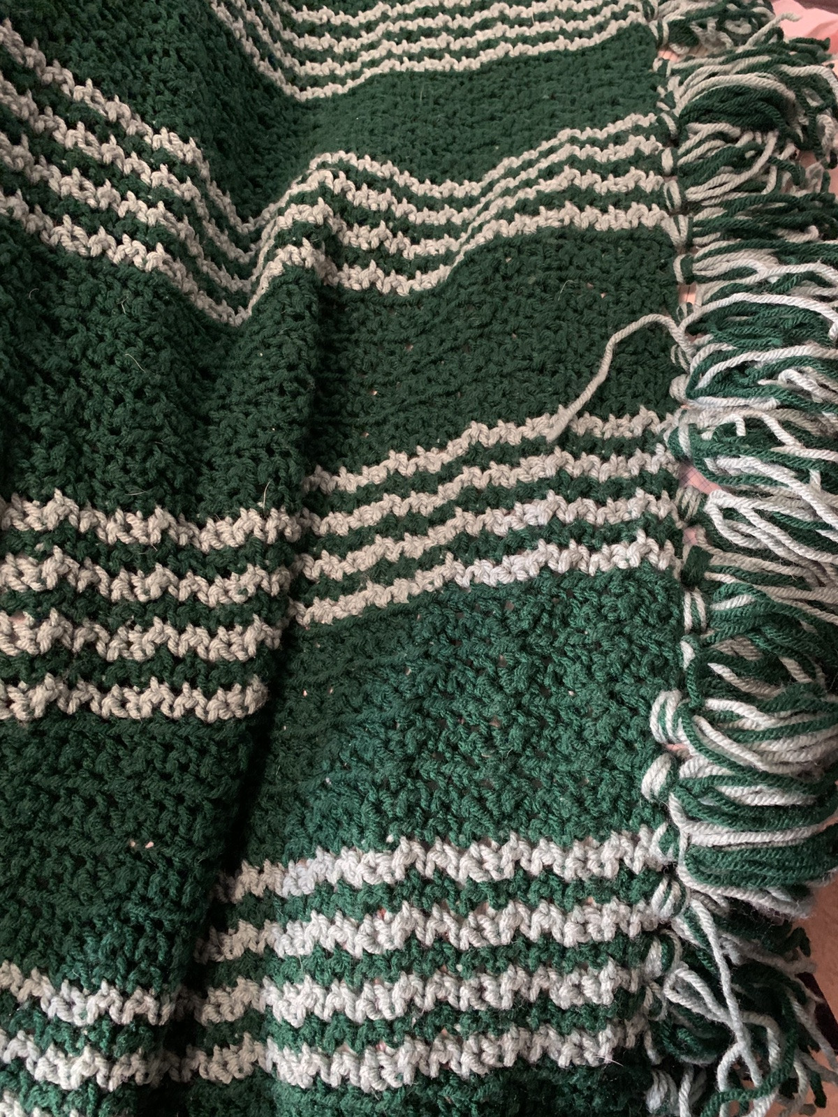 Vtg Handcrafted Crochet Knitted Afghan Throw Blanket Green White 94” X 78”