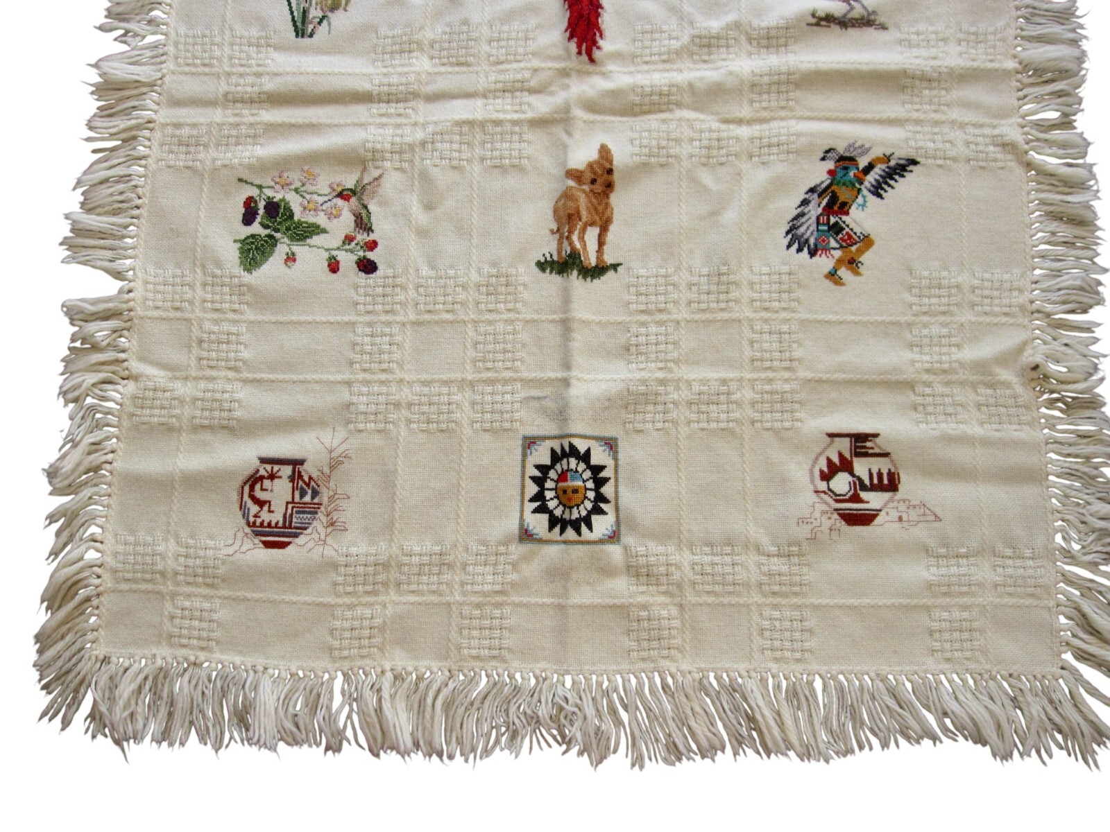 VTG 90s Handmade Needlepoint Blanket Southwest Motif Kachina Cactus Chihuahua