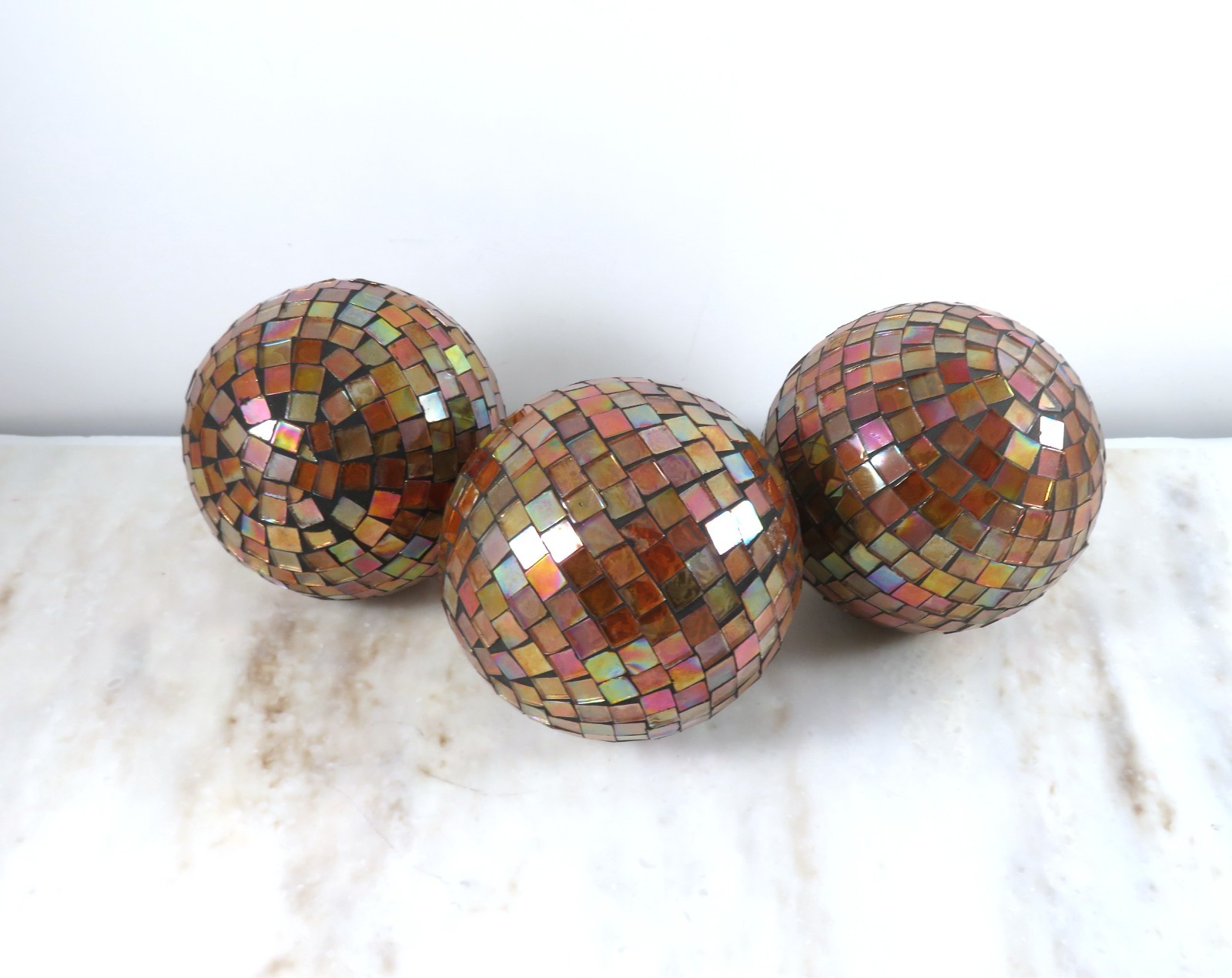 Vintage Mosaic Orbs Glass On Plastic Set Of 3 Iridescent Copper 4 Inch Handmade
