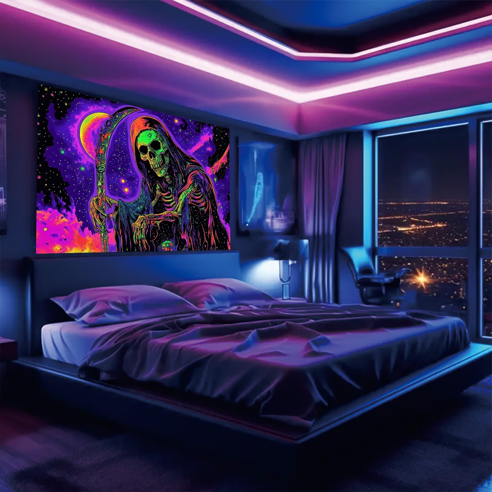 Skull Tapestry Blacklight UV Reactive Glow In The Dark Room Decor Art 78″x59″
