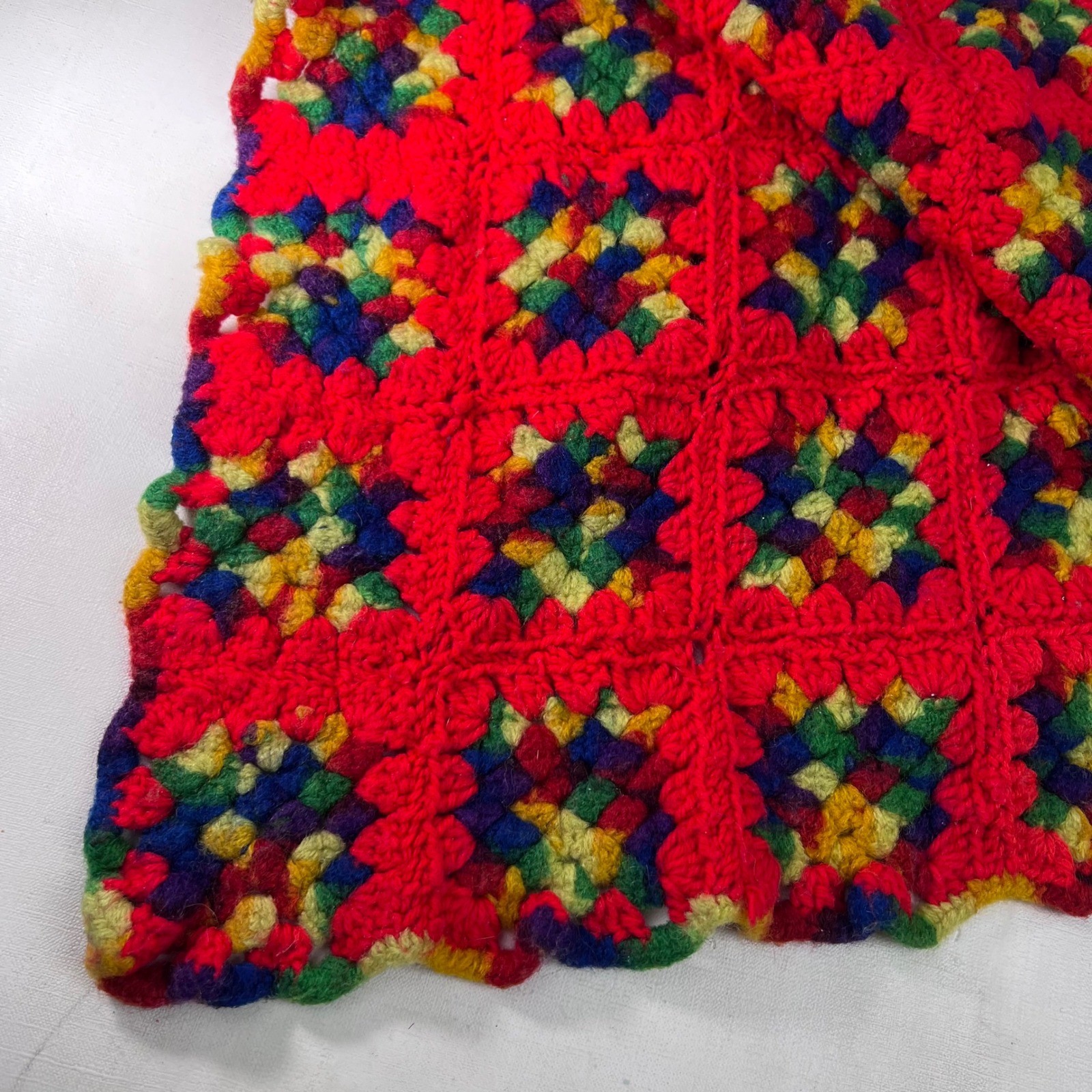 Red Crochet Granny Square Blanket Afghan Colorful Handmade Throw 66×52