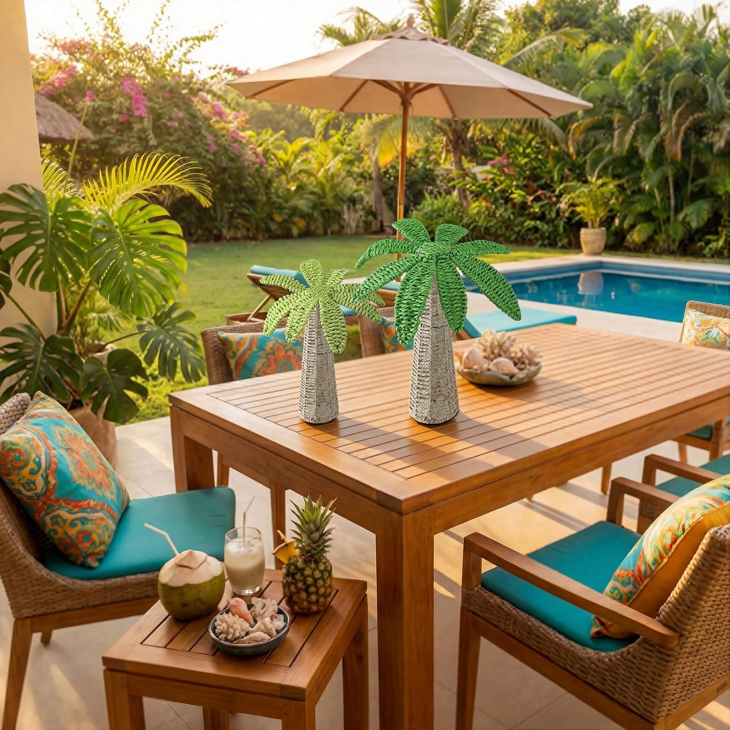 2 Pcs Weave Palm Tree Tabletop Decor, 9.8″ & 7″ Woven Rattan Palm Trees Tropical