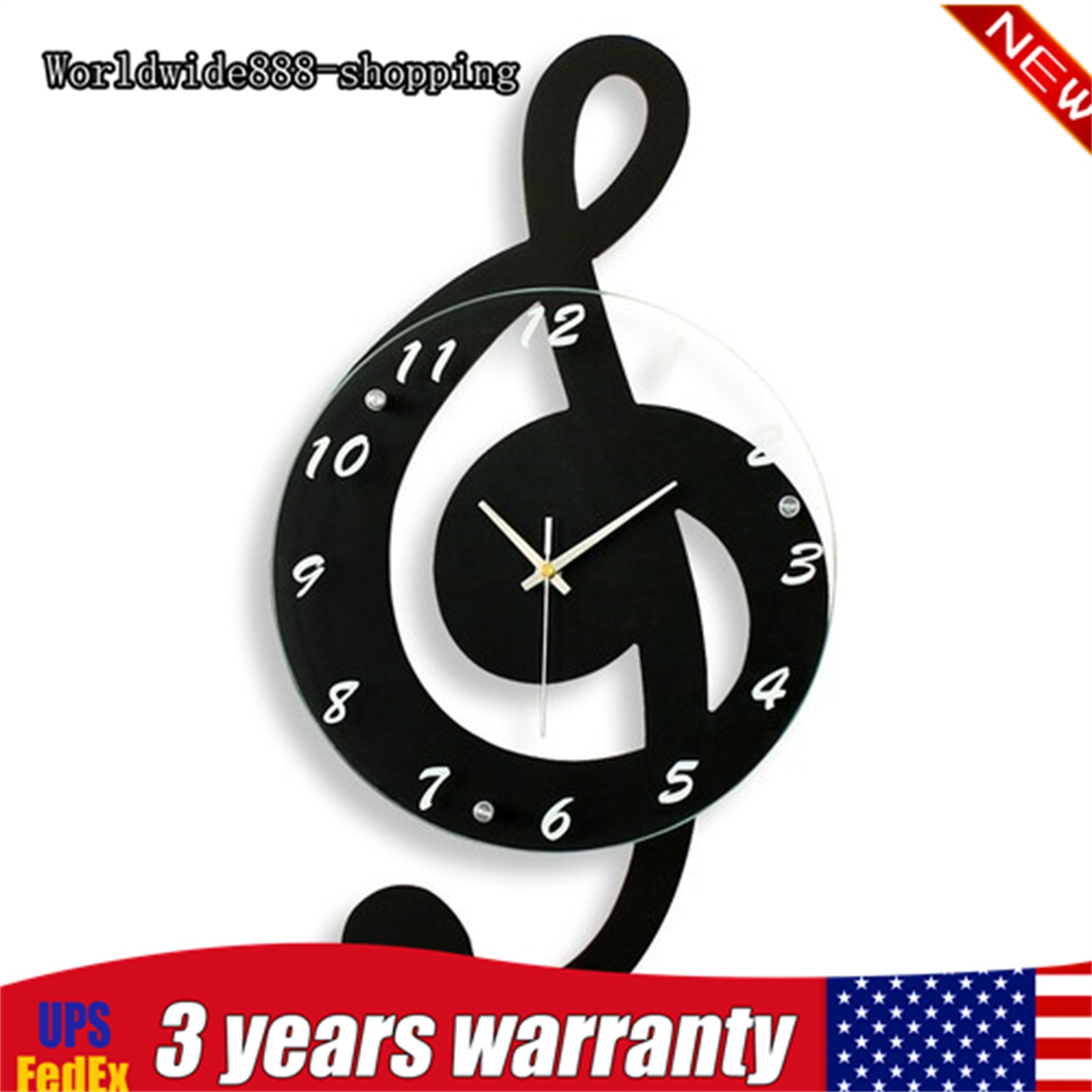 Modern Musical Note Glass Wall Clock Living Room Hanging Clocks Silent 9.5″ US