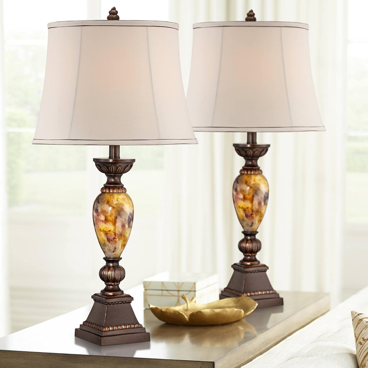 Mulholland Traditional Vintage Table Lamps 30″ Tall Set of 2 Aged Bronze Marblei