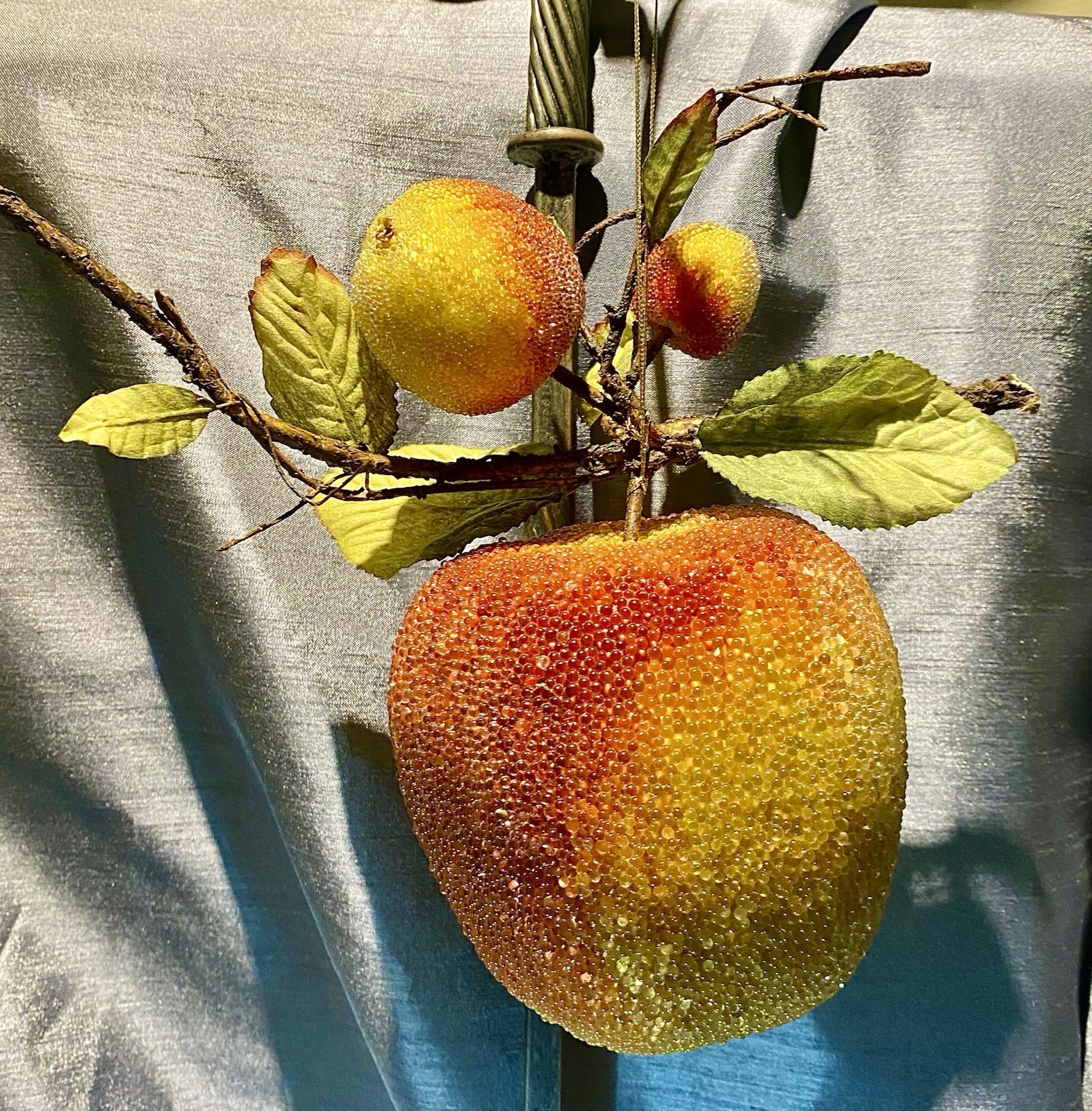 X-Large Beaded, Sugared Fruit Apple Bunch/Branch Fruit Ornament, Display 10”x9”