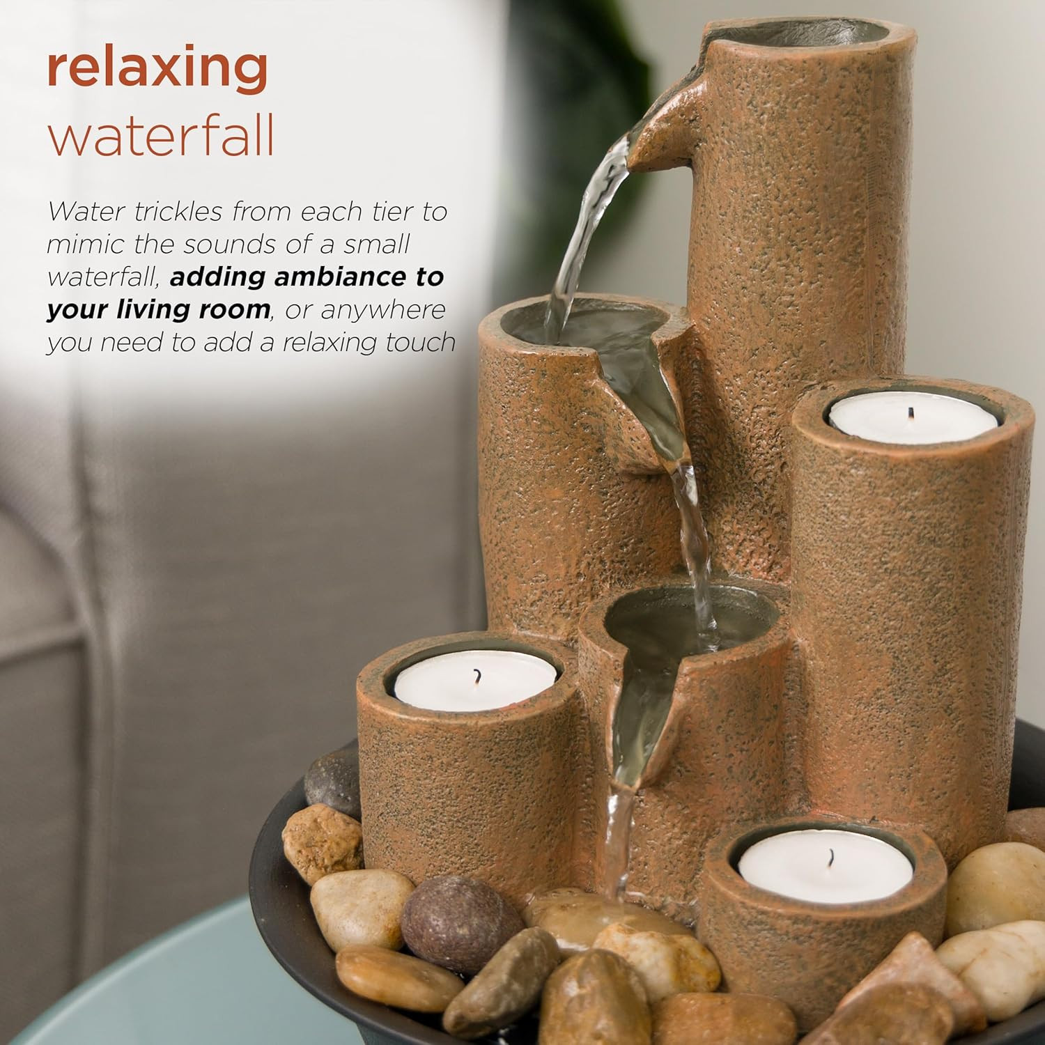 WCT202 Indoor Tabletop Tiered Water Fountain Featuring 3 Candles for Desktop and