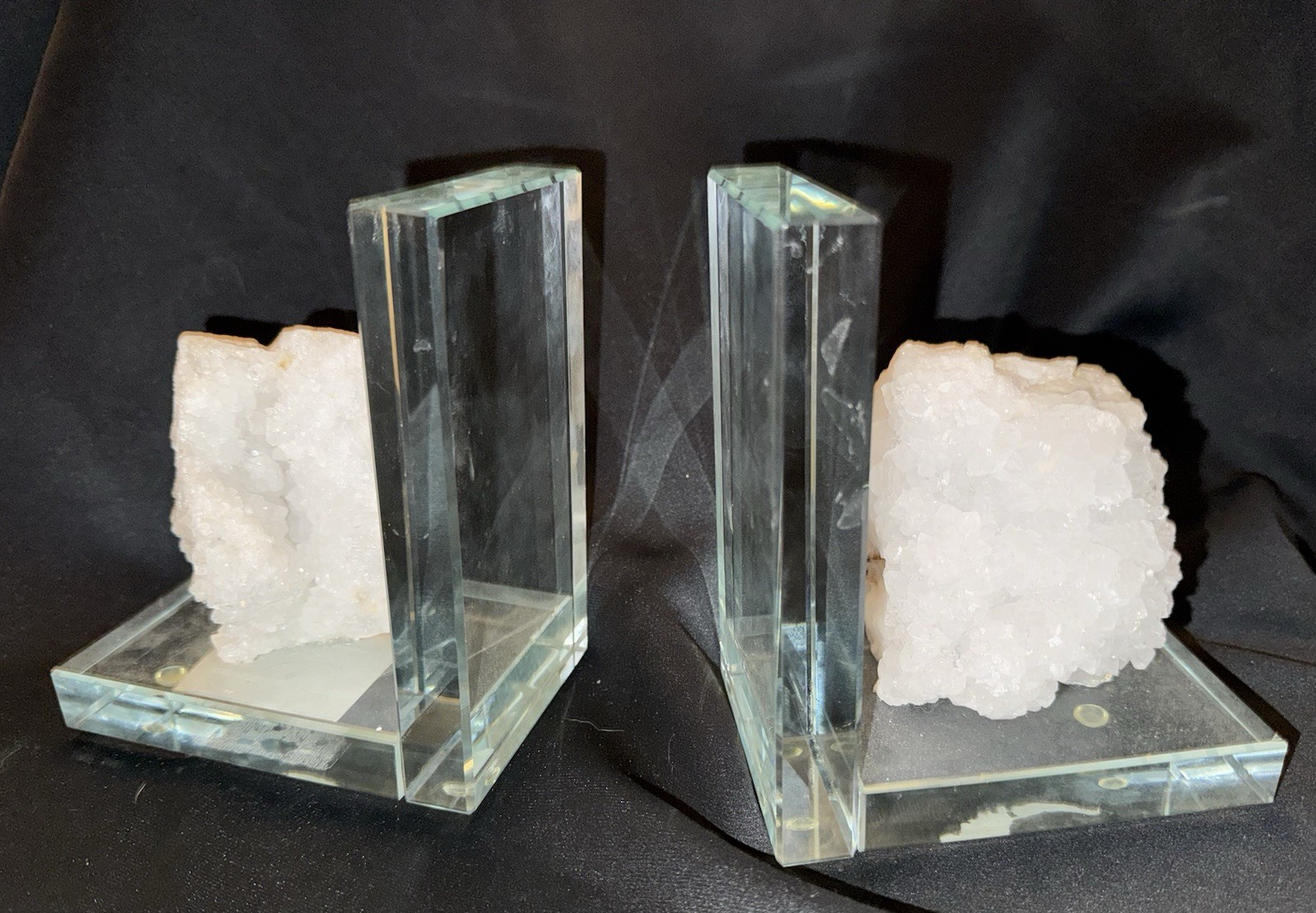 Stone White Quartz Glass Mounted Bookends Heavy Geode Beautiful 6in x 10in