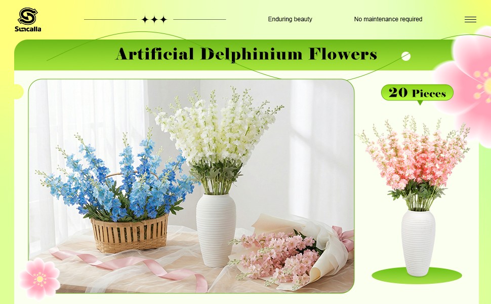 20 Pcs Delphinium Artificial Flowers – 33.5” Long Stem Faux Flower Bulk – Fake