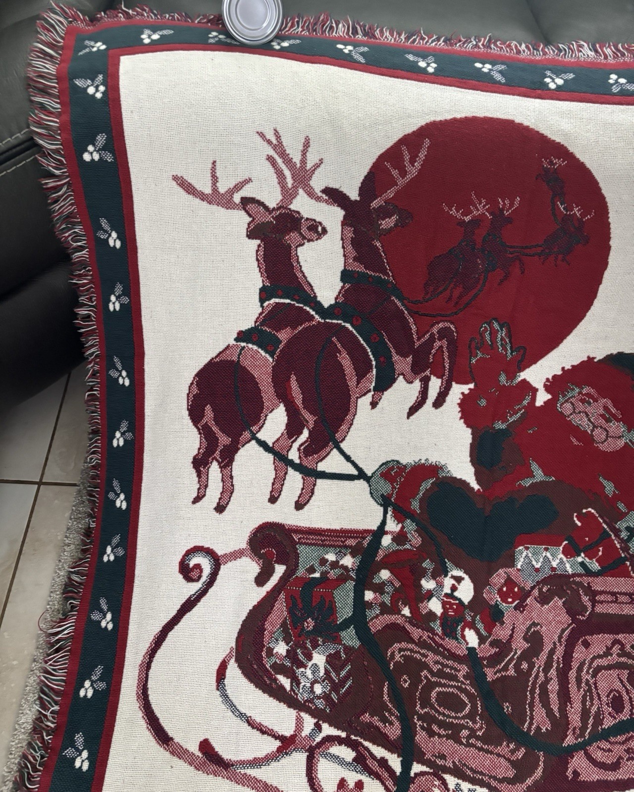 Vintage 90s Christmas Woven Tapestry Throw Blanket Santa Sleigh Reindeer 48×66