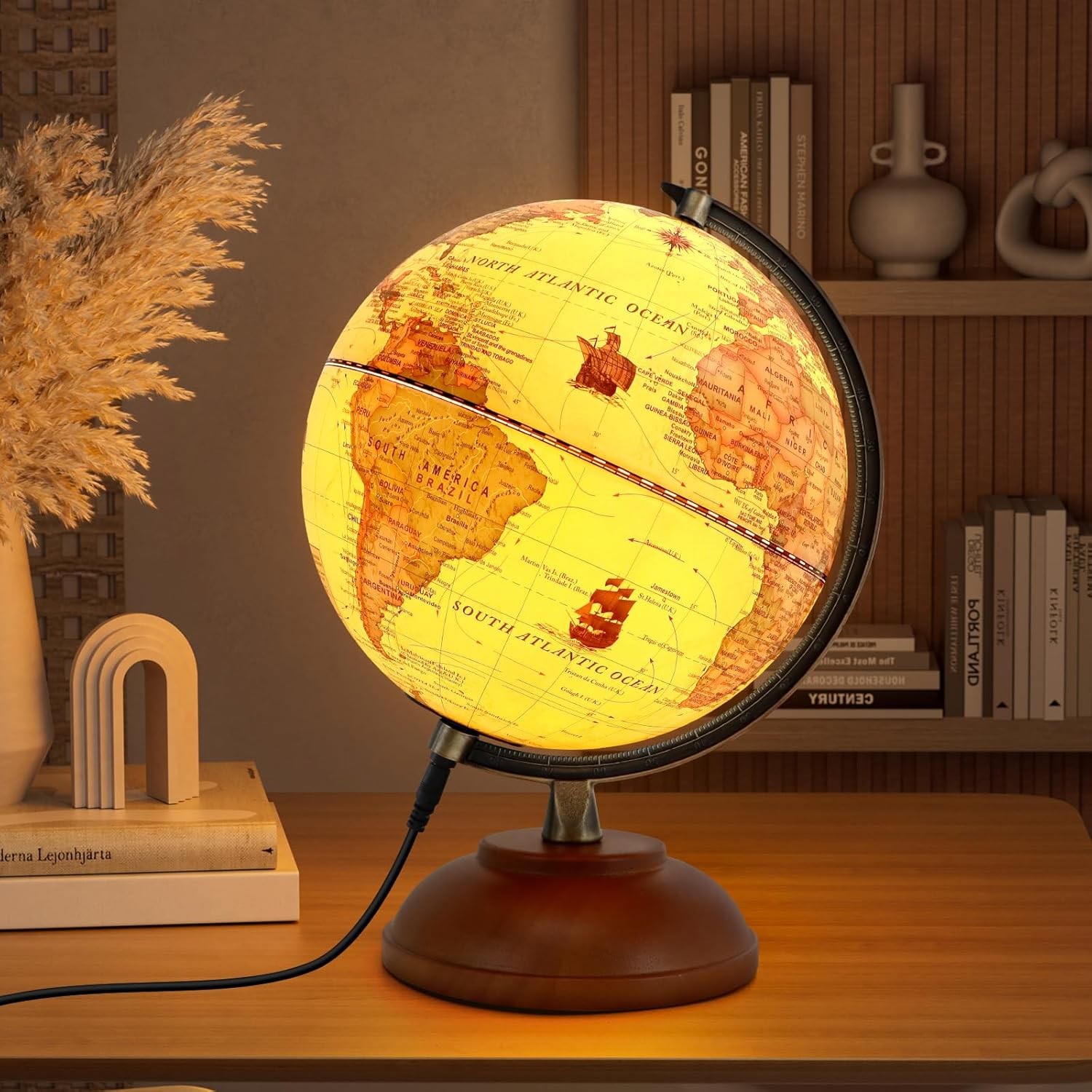 Illuminated World Globe with Wood Stand, 8” Vintage Globes for Adults, Light Up