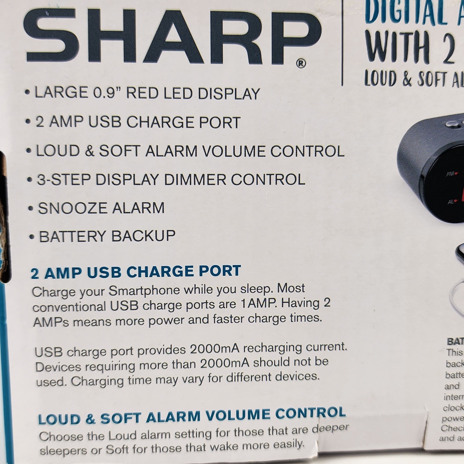 Sharp SPC547 Digital Alarm Clock w/ 2A USB Charger, Red LED, Dimmer, Snooze