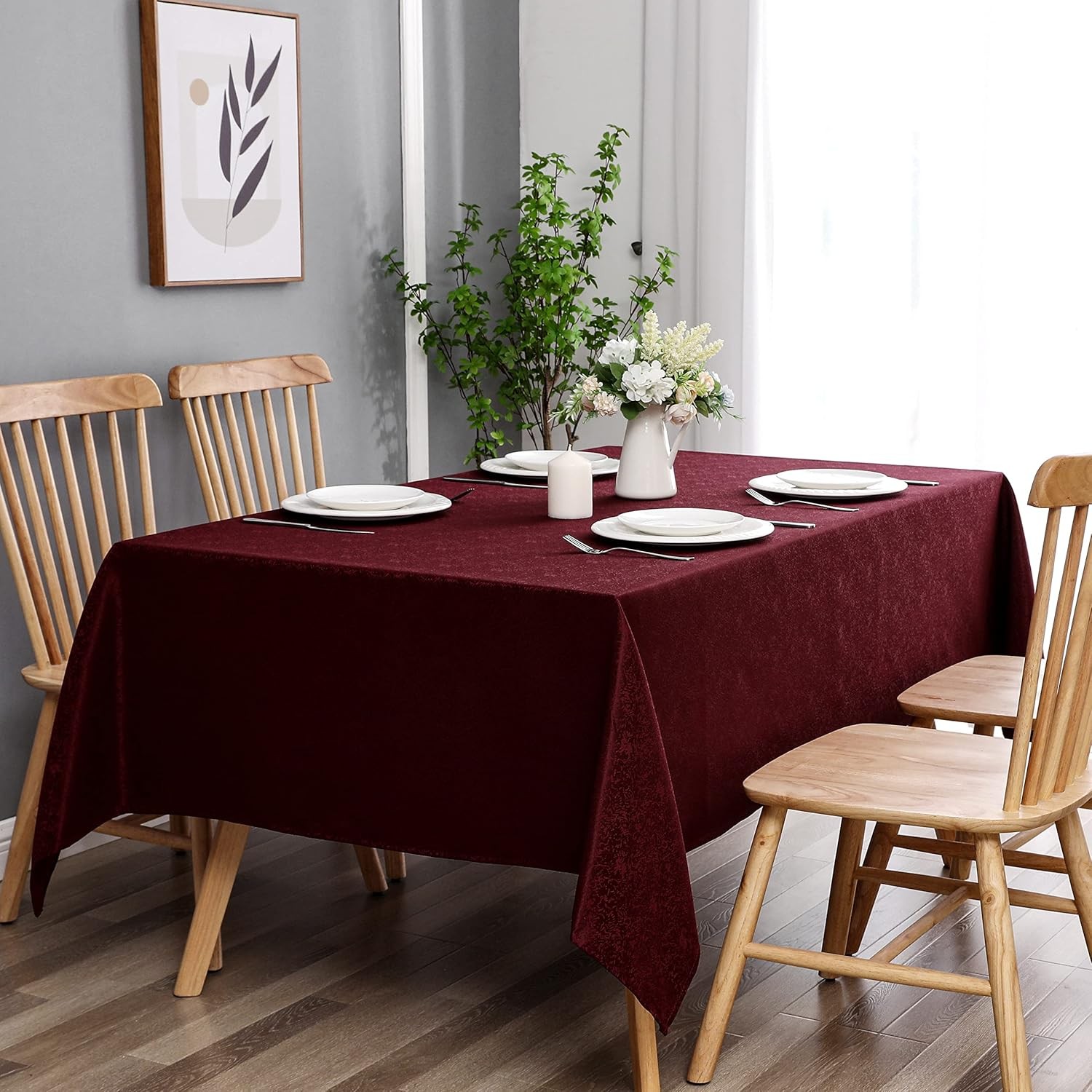 Tablecloth Burgundy Jacquard Rectangle Table Cloth 54 X 84 Inch, Water Resistant