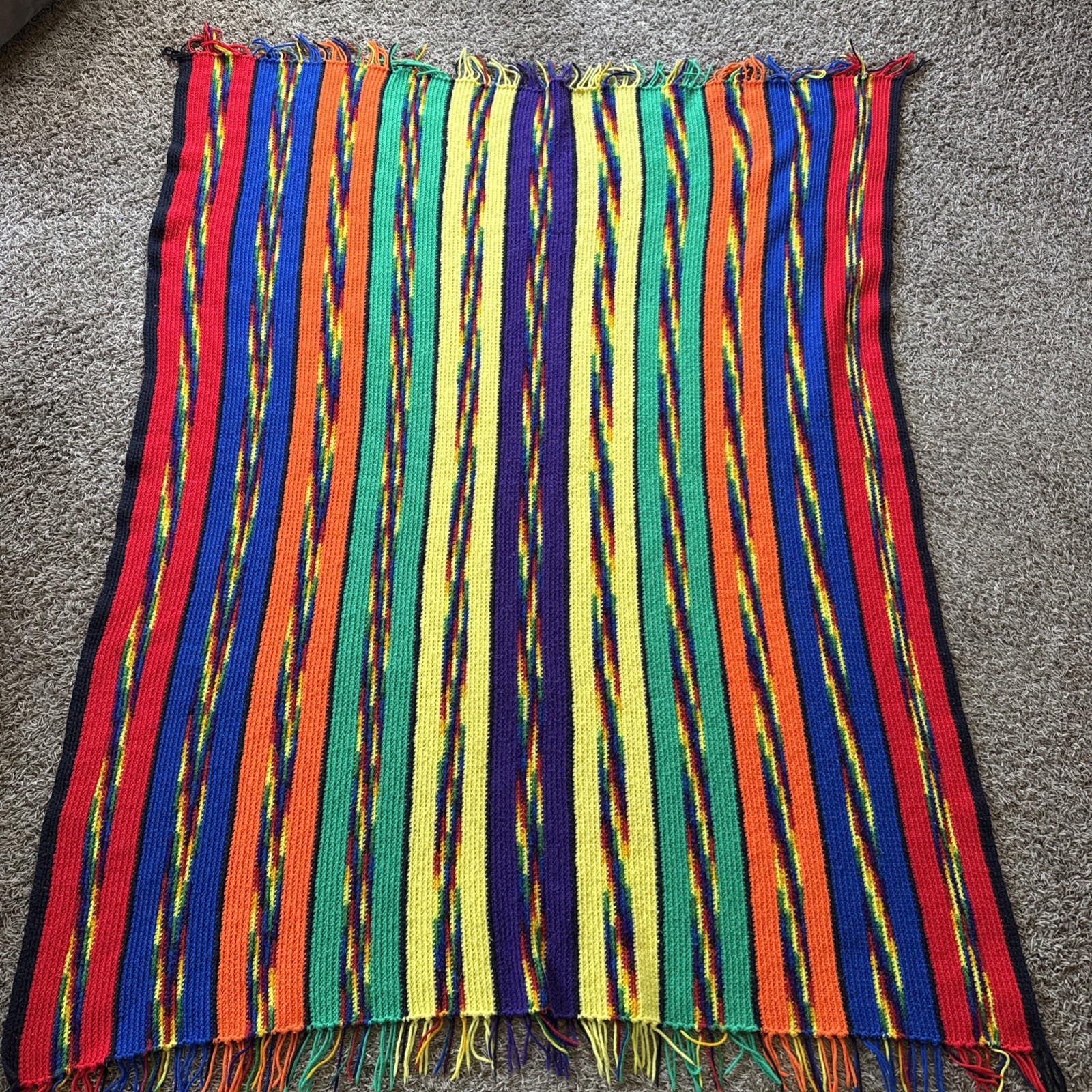 Vintage Colorful Fringed Chevron Pattern Crochet Knit Afghan 70”x 53” Reversible