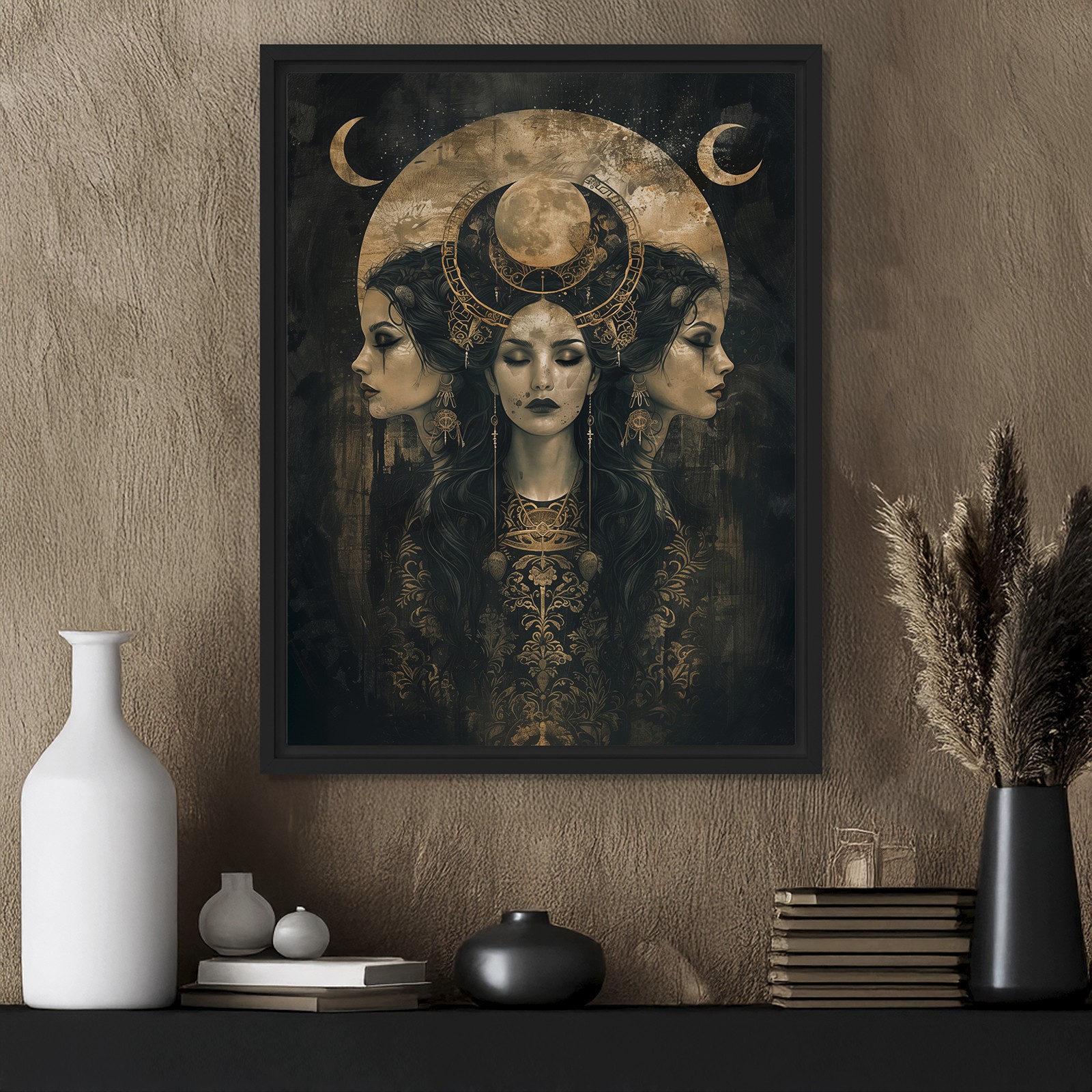 Hecate, Triple Moon Goddess Fine Art Print #1 Canvas Frame, Wiccan Wall Art