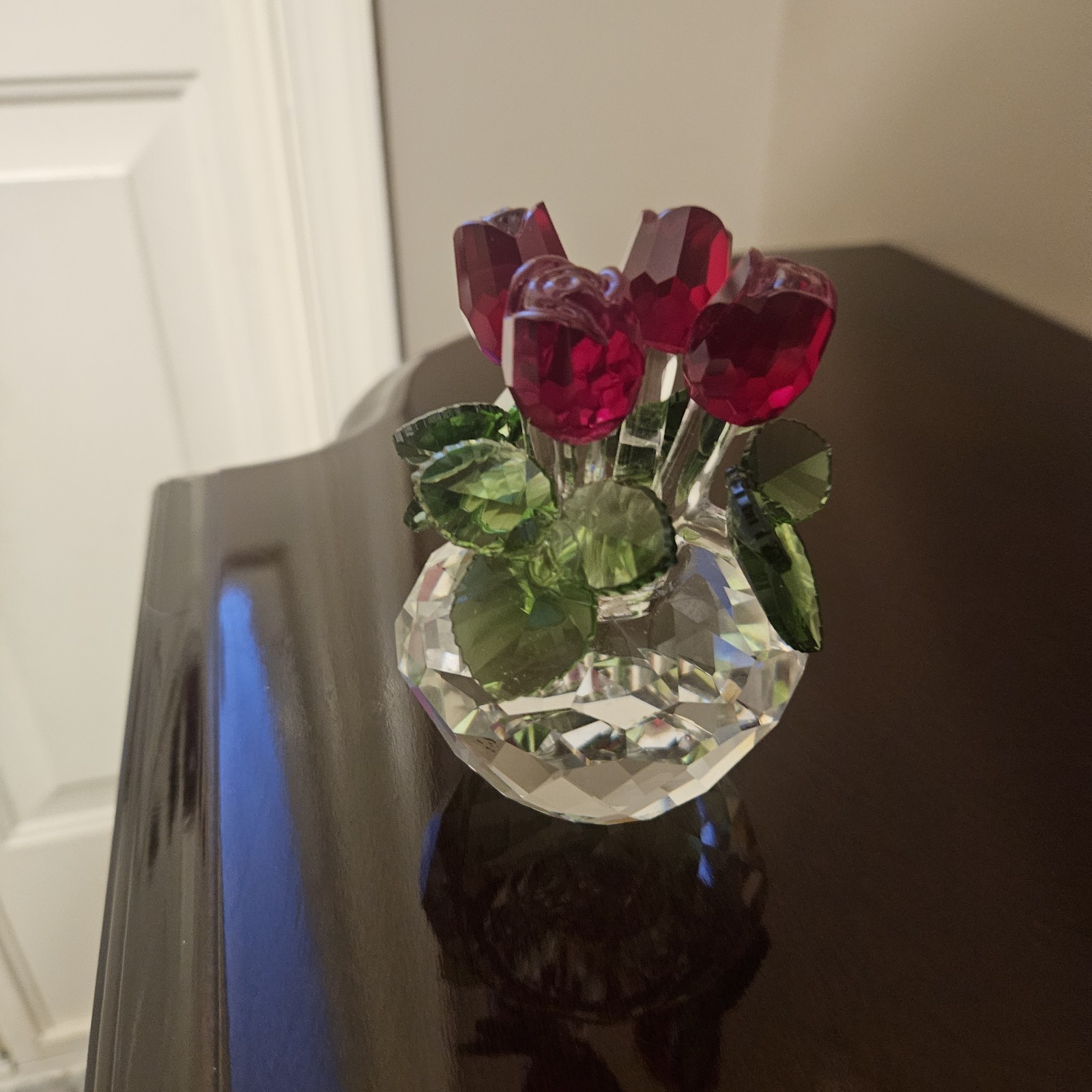 Crystal Red Rose Boquet Figurine H&D Hyaline Dora Free Standing In Box