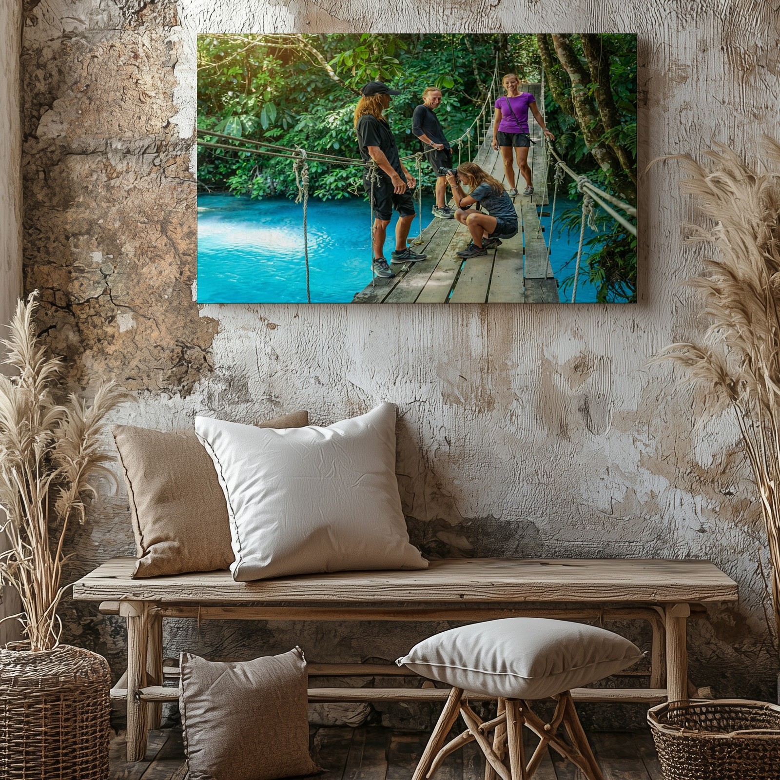 Adventure Nature Canvas Wall Art Crossing Wooden Bridge Over Blue River Print