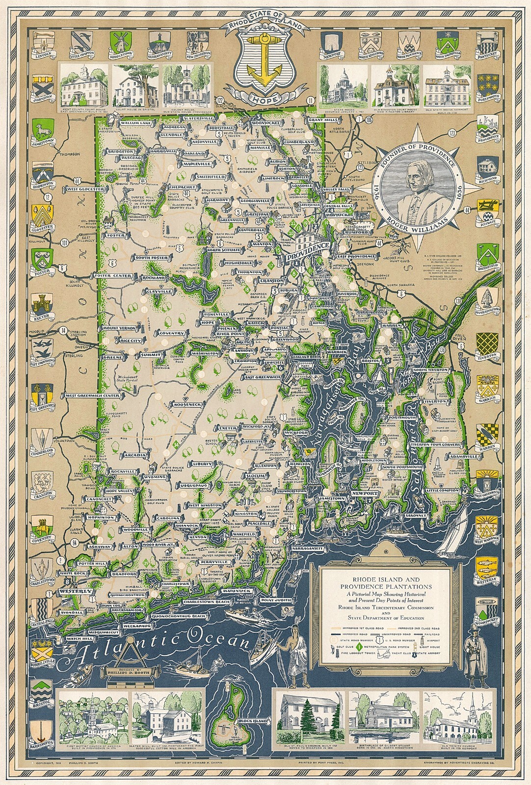 1936 Pictorial Map of Rhode Island and Narragansett Bay Wall Art Poster Home