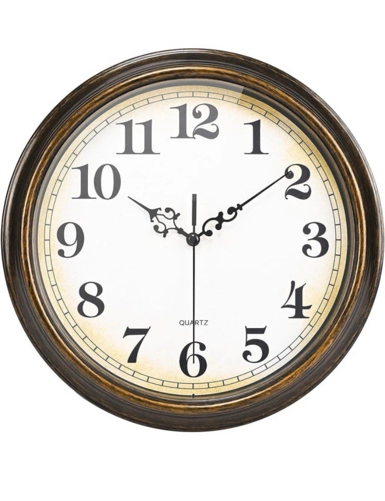 12 in Round Analog Quartz Hanging Wall Clock Brown Frame Arabic Numerals