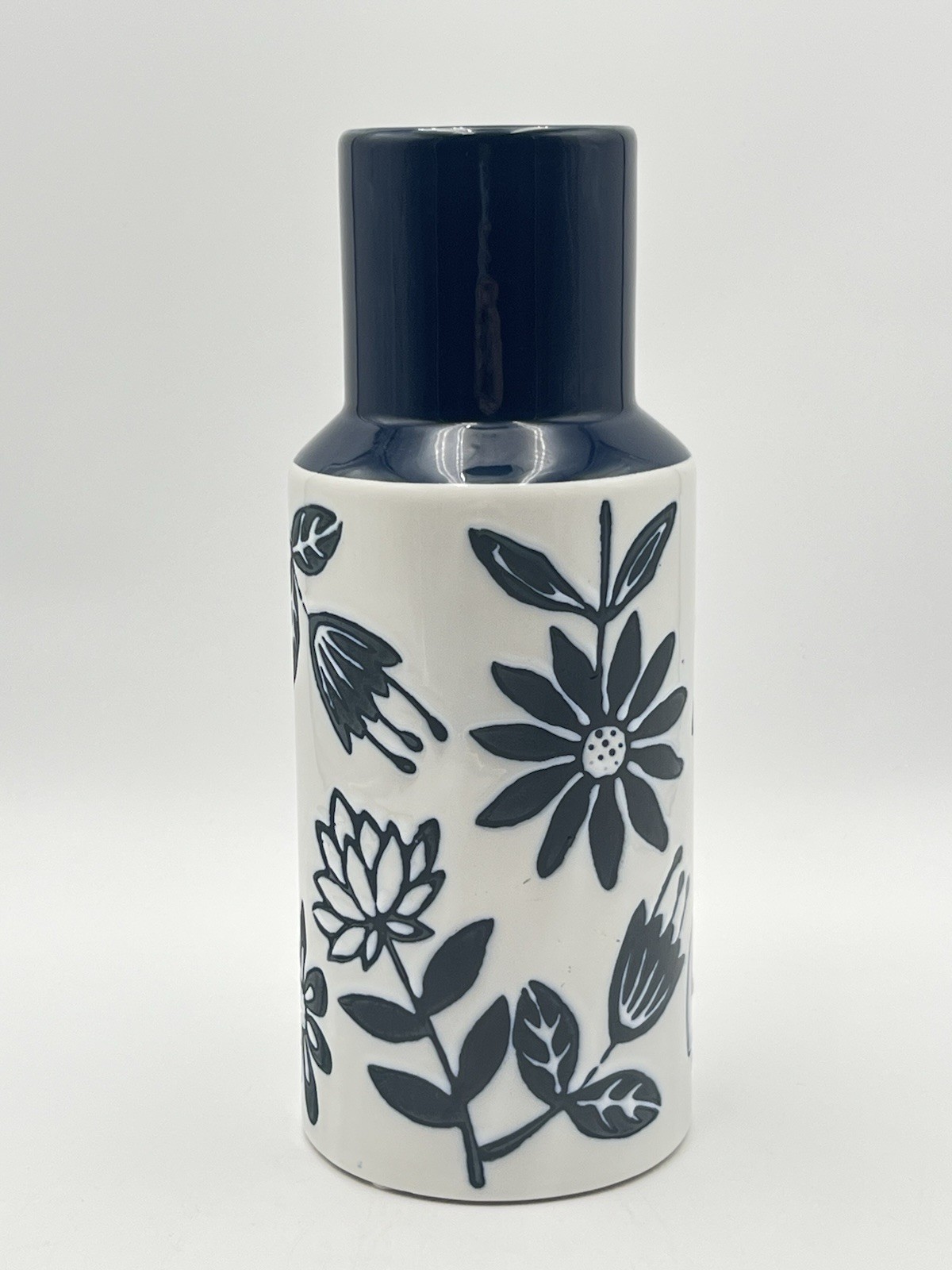 Blue Ceramic Handmade Floral Decorative Vase 12”T X 5”D Glossy & Matte EUC