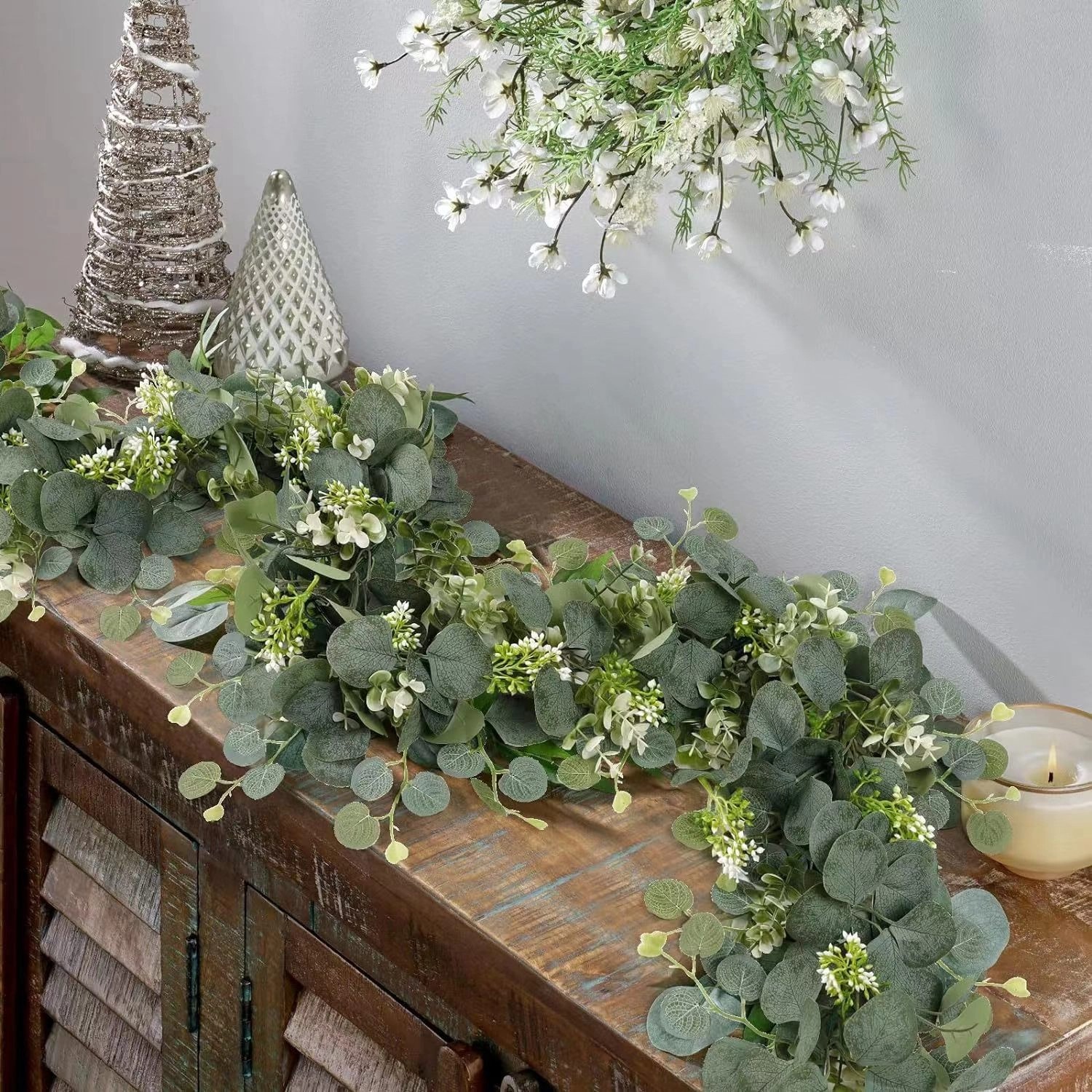 2-6PCS Artificial Eucalyptus with Flowers, Faux Greenery Garland Hanging