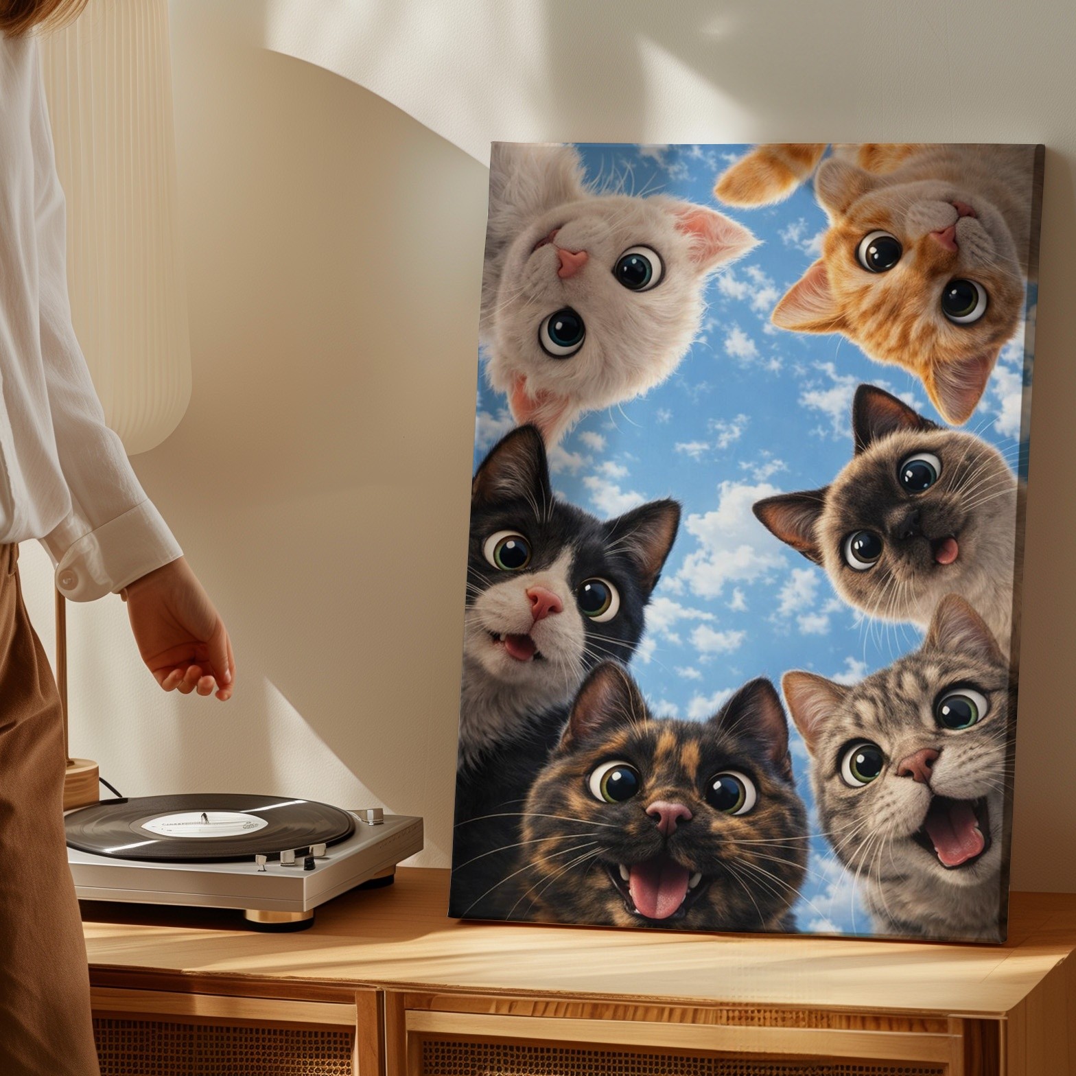 Cute Cats Canvas Wall Art Blue Sky Kitty Faces Whimsical Animal Decor Print