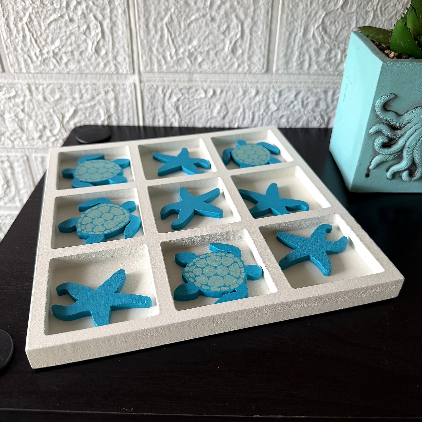Coastal Sea Turtle Starfish Sculpture Decor Board White Blue Wood 7.75 In