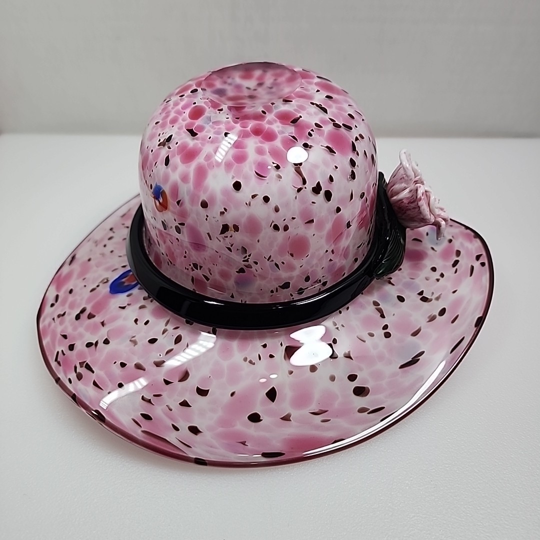 Glass Pink Hat Flower Murano Hand Blown Bowl 11.5” Decor Floral Flower
