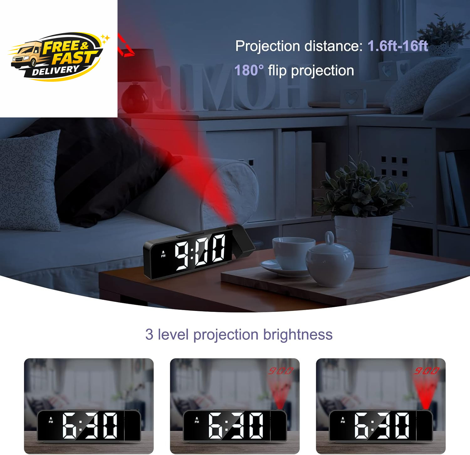 Projection Alarm Clock, Alarm Clocks with Projection on Ceiling with 7.9″ Large