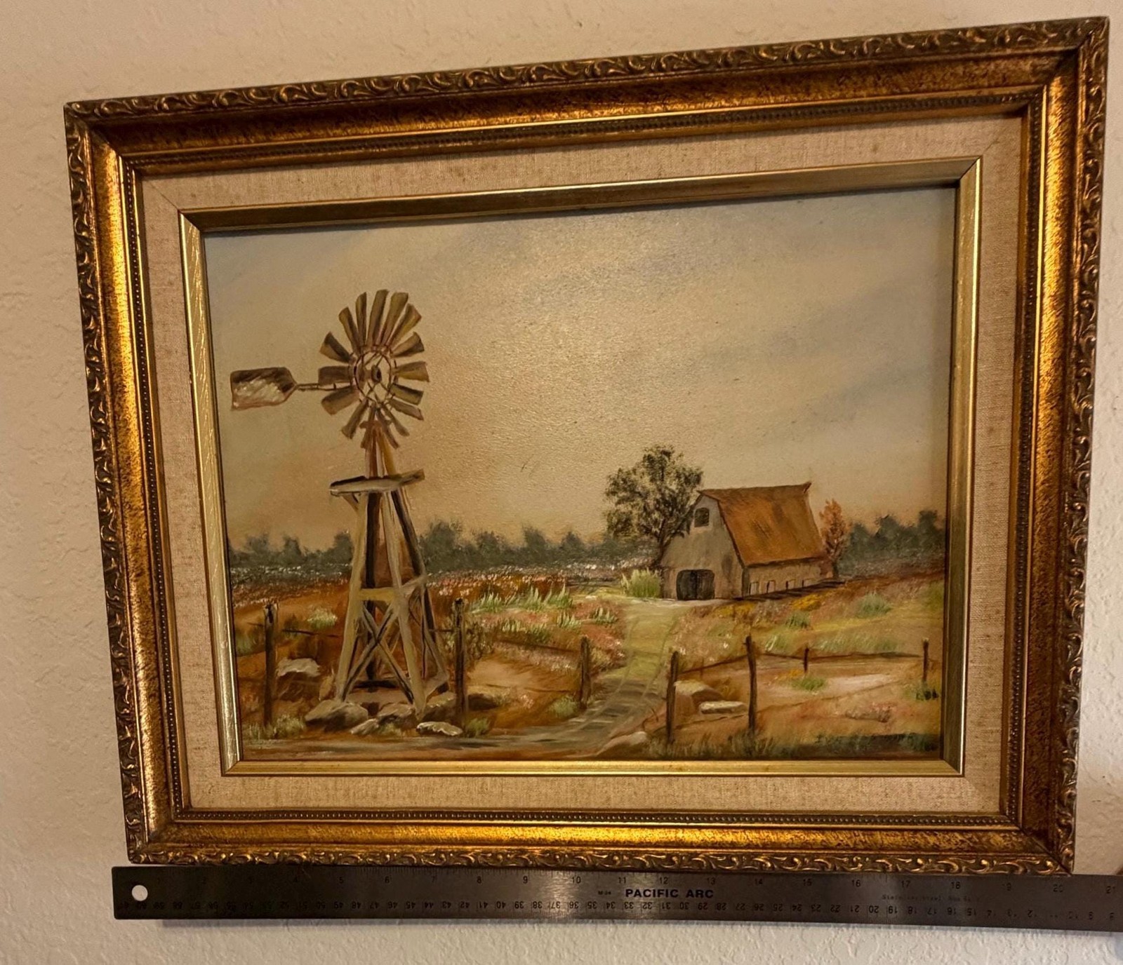 Vintage Oil Painting Signed Iva Frazier Windmill Barn Farm Landscape