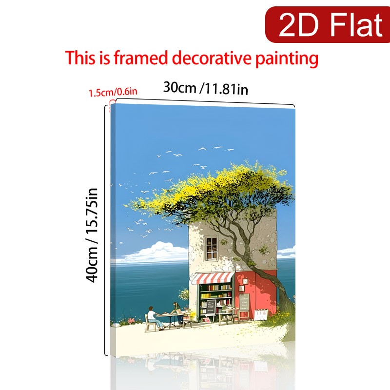 Seaside Bookstore Cafe Canvas Wall Art, Cozy Coastal Home Decor