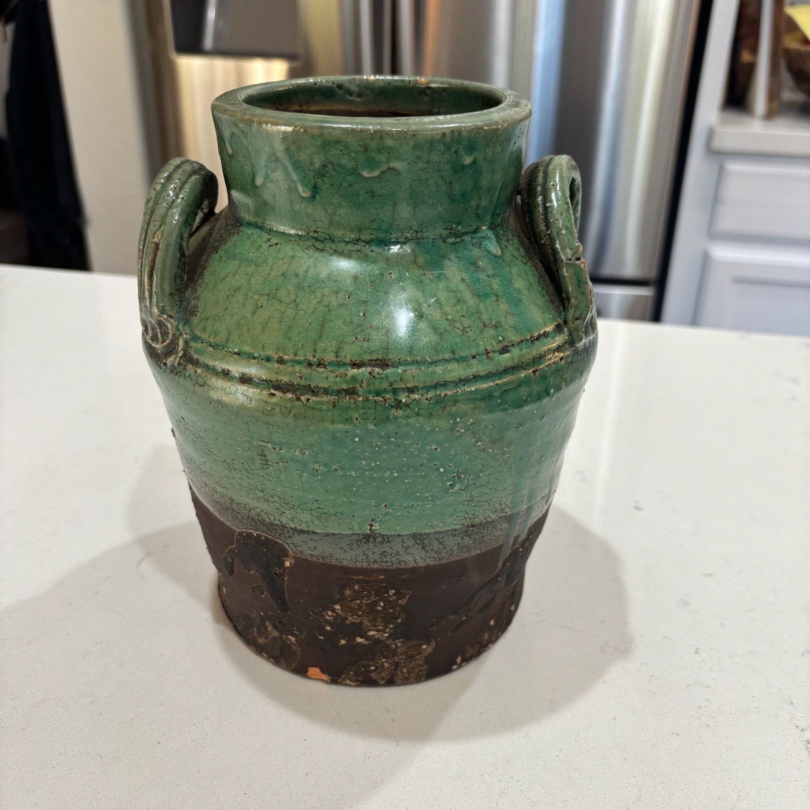 Rustic Two-Tone Green and Brown Glazed Terracotta Vase with Handles 8.5 Inches T