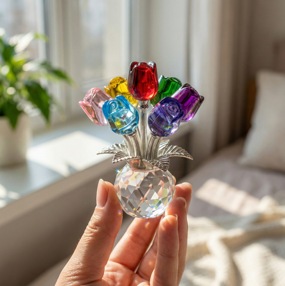 Crystal Colorful Rose Bouquet Figurine with round Vase, Glass Rose Flower Romant