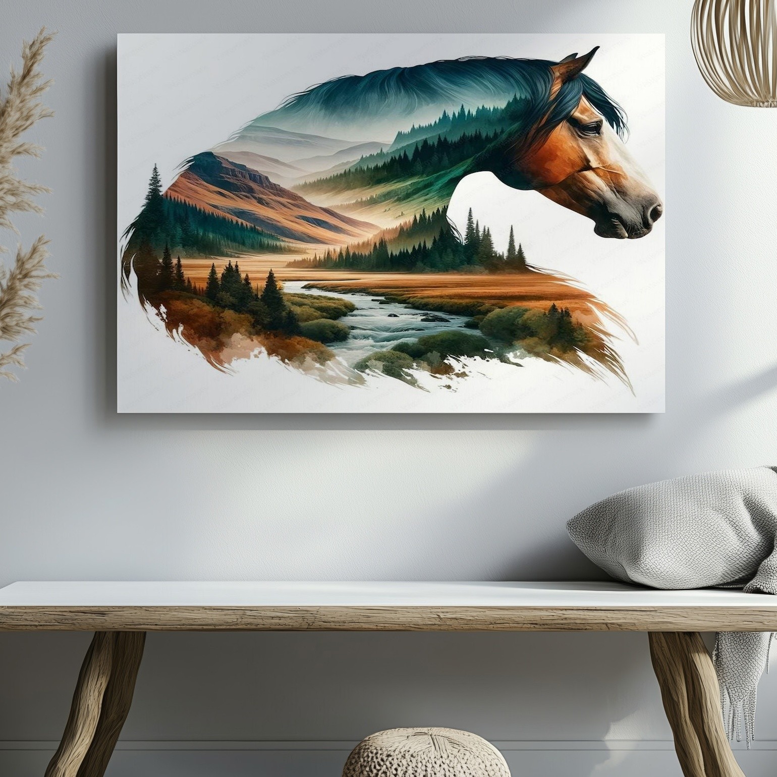Horse and Mountain Landscape Canvas Wall Art Nature Scene River Forest Print