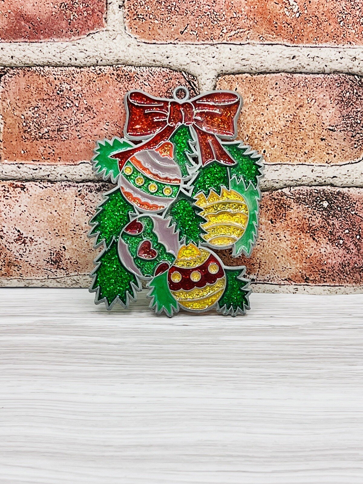 Christmas Stained Glass Suncatcher Window Vintage Sun Holly Bow Decor Balls