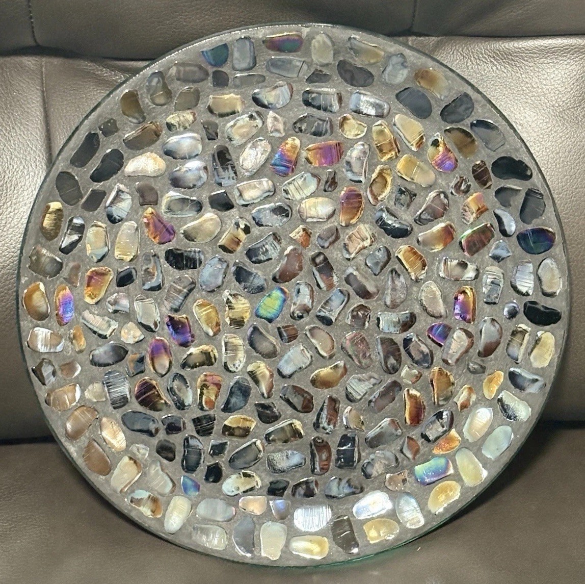 Iridescent Glass Nugget Mosaic Plate Tray 12” Art Glass Decor Centerpiece