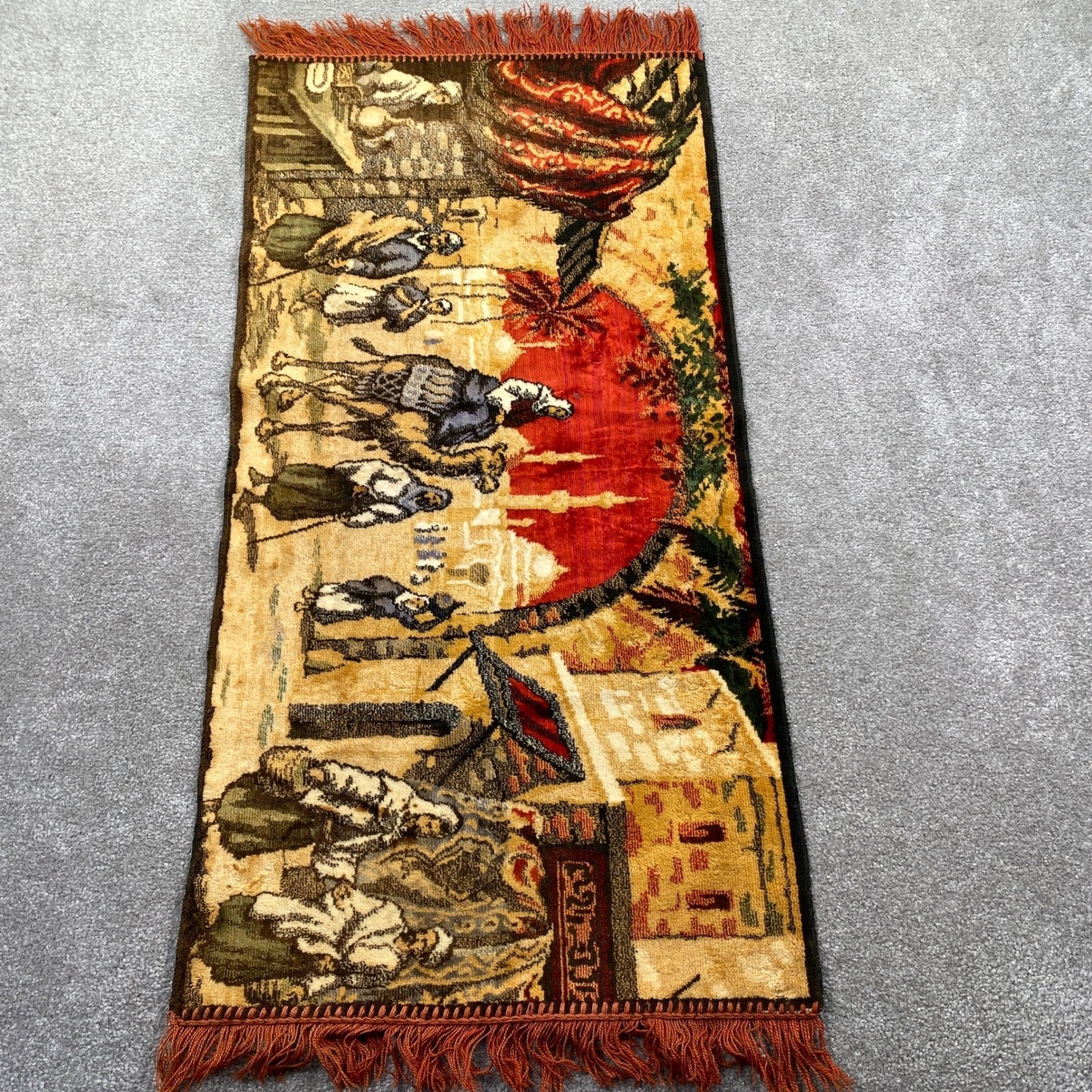 Vintage Tapestry Prayer Rug Scene Figures Fringe Orange Textile Art