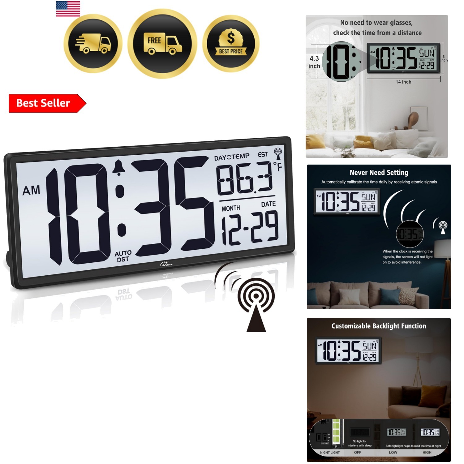 14.5” Atomic Clock with Backlight, Large Digital Wall Clock Battery Operated…