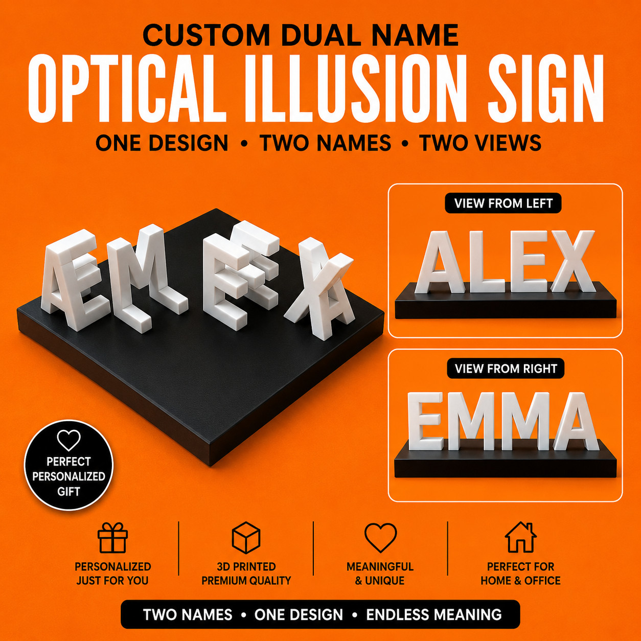 Personalized Couple Gift Two Names in One Custom 3D Desk Decor Name Sign