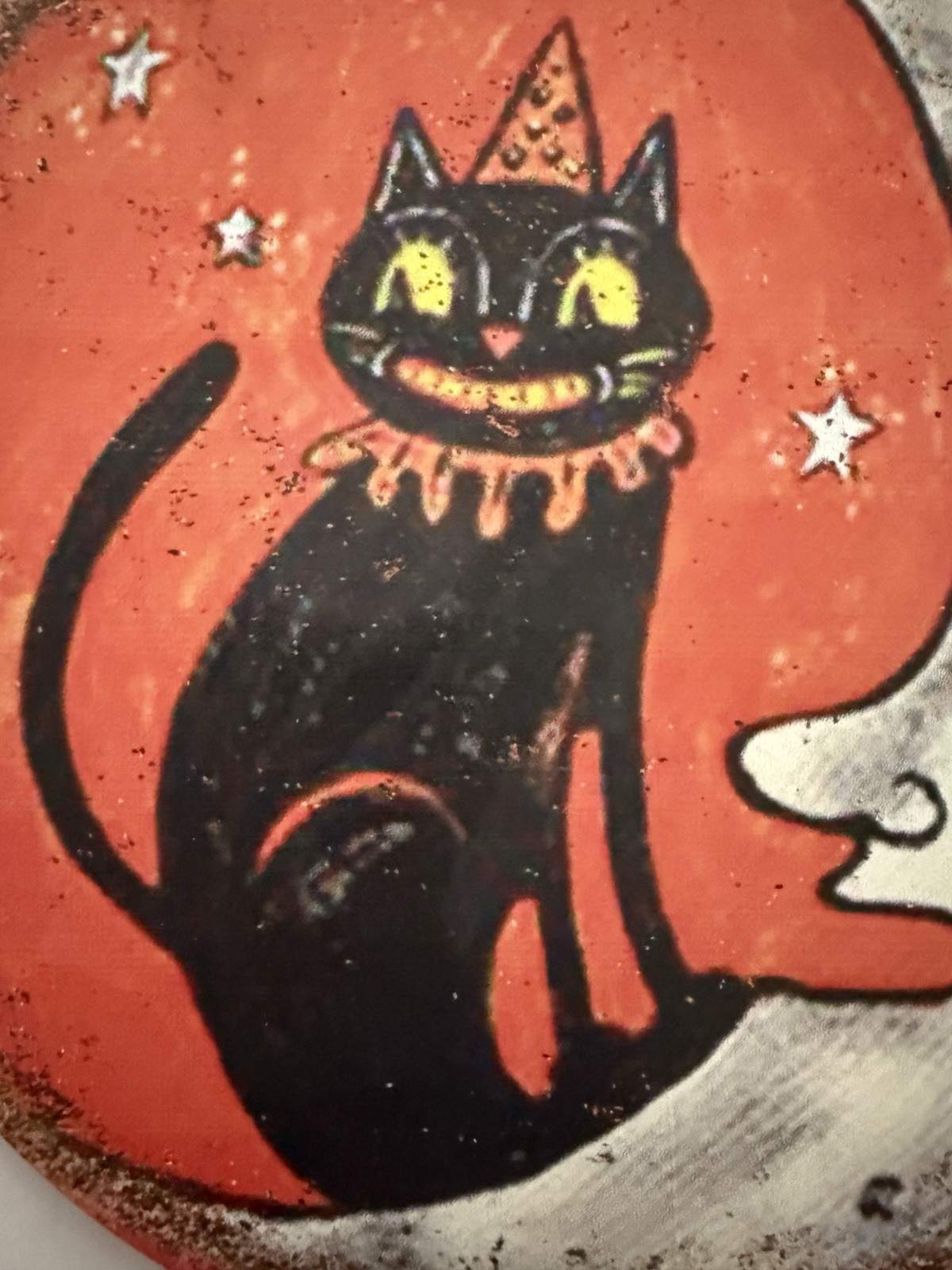 Halloween Vintage Look Wall Art Moon and Whimsical Black Cat Wooden Sign
